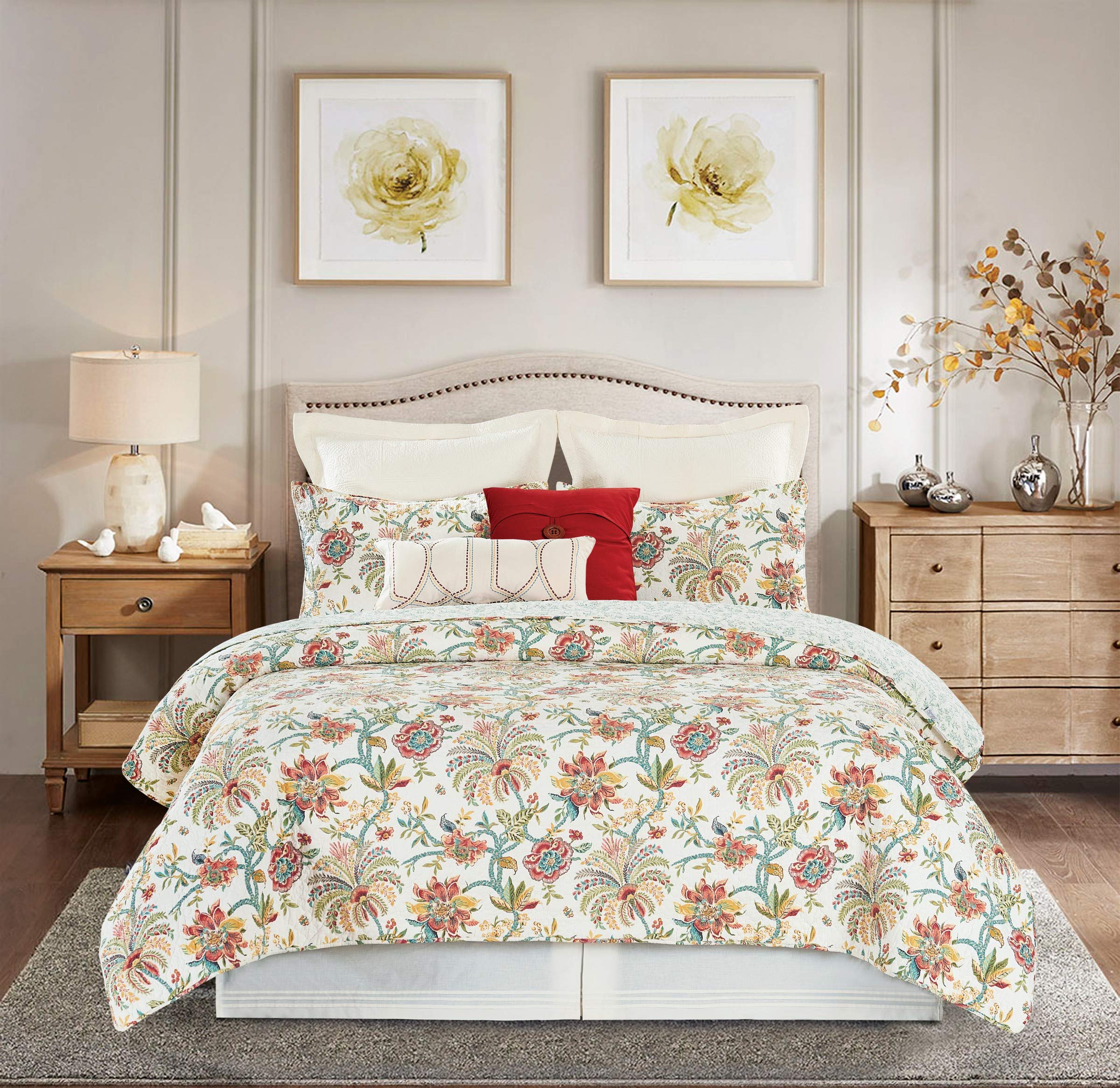 Reversible Colonial Williamsburg Braganza Floral Quilt Set - Full/Queen Size, 3-Piece, Red Blue Yellow Jacobean Cotton Bedding | Machine Washable | Perfect for Guest Rooms, Master Bedrooms & Farmhouse Decor
