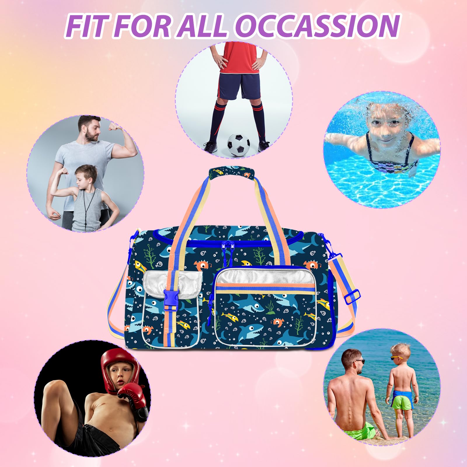 Kids & Teens Duffle Bag - Waterproof Travel Overnight Bag for Boys Girls - Gym Dance Sports Backpack with Shoe Compartment - Perfect for School, Sleepovers, Sports Practice & Weekend Trips