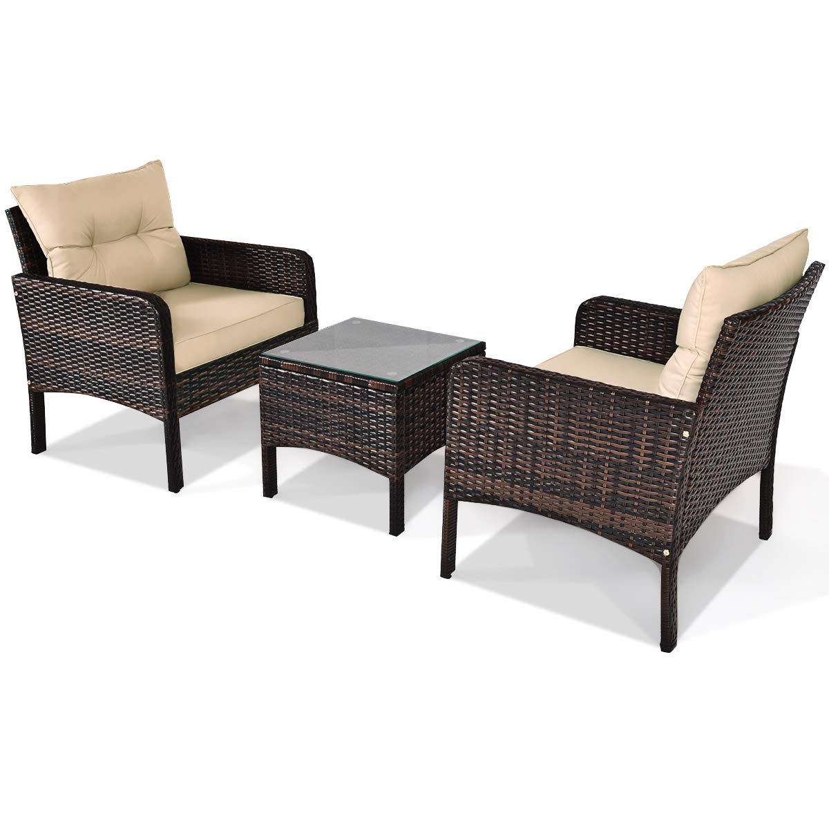**HAPPYGRILL 3-Piece Outdoor Patio Furniture Set - Rattan Wicker Coffee Table & Chairs with Cushions - Perfect for Garden, Balcony, Backyard, Poolside & Outdoor Relaxation**