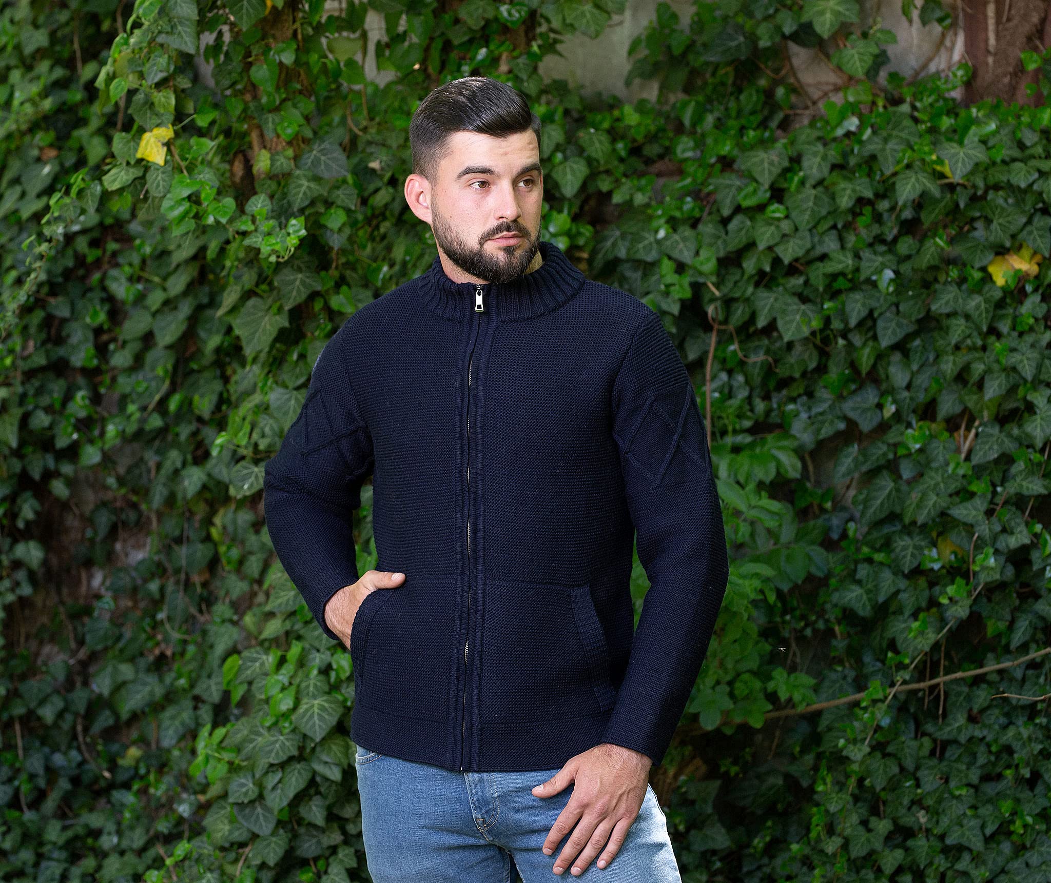 SAOL Men’s Merino Wool Full Zip Cardigan Sweater Jacket - Heavy Knit Winter Warm Pullover with Pockets - Perfect for Outdoor Hiking, Office Wear & Casual Fall Fashion