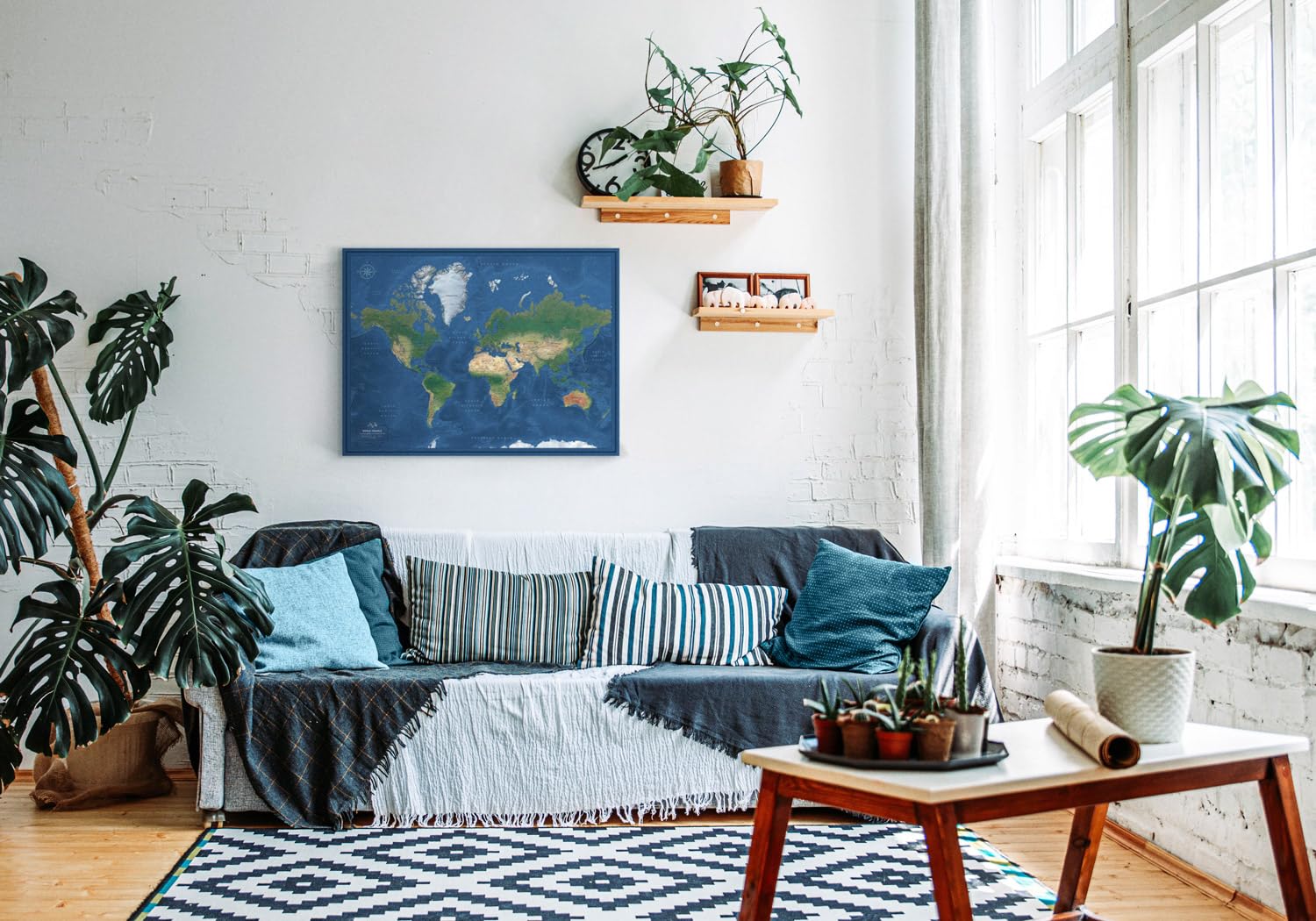 Modern Satellite World Wall Map with Push Pins - Customizable Travel Map on Premium Canvas - Personalized Push Pin World Map (24x32 to 40x53 inches) - Perfect for Home Office Decor & Travel Tracking