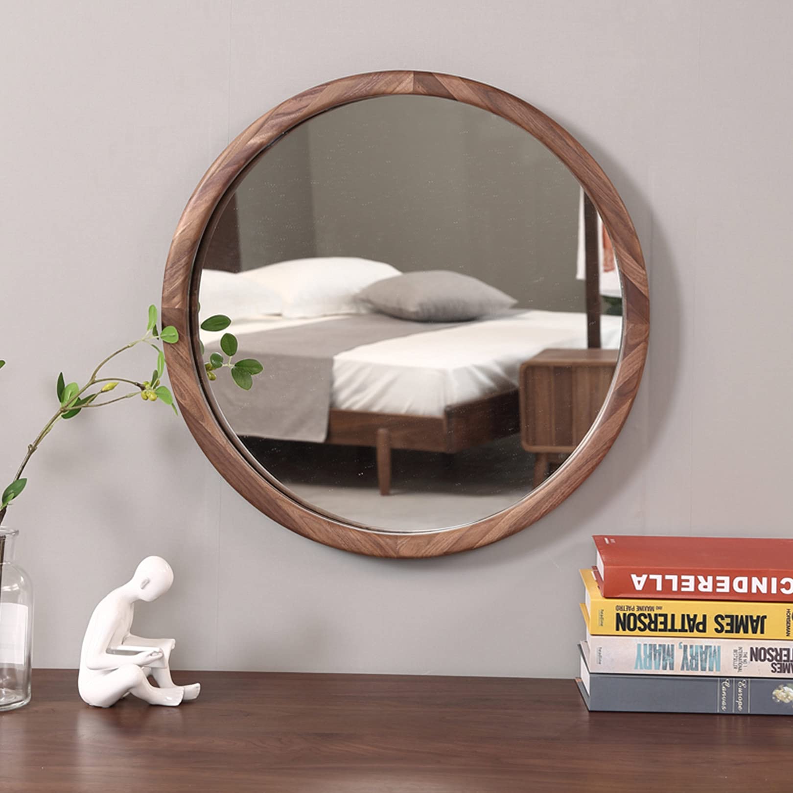 Black Walnut Nordic Vanity Mirror - Wall Mounted Round Bathroom Mirror with HD Reflection, Rustic Home Decor for Bedroom & Bathroom - Perfect for Makeup, Grooming and Home Styling