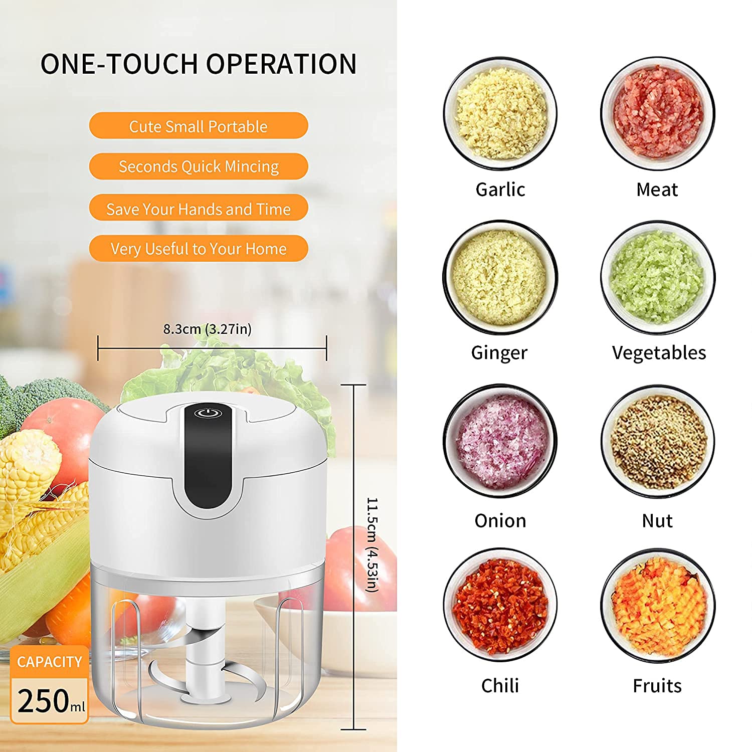 Electric Mini Garlic Chopper & Food Processor - Portable Cordless USB Rechargeable Vegetable Chopper, Meat Grinder for Garlic, Ginger, Chili, Fruits, Baby Food - 250ml White Kitchen Gadget for Home Cooking, Meal Prep & Camping