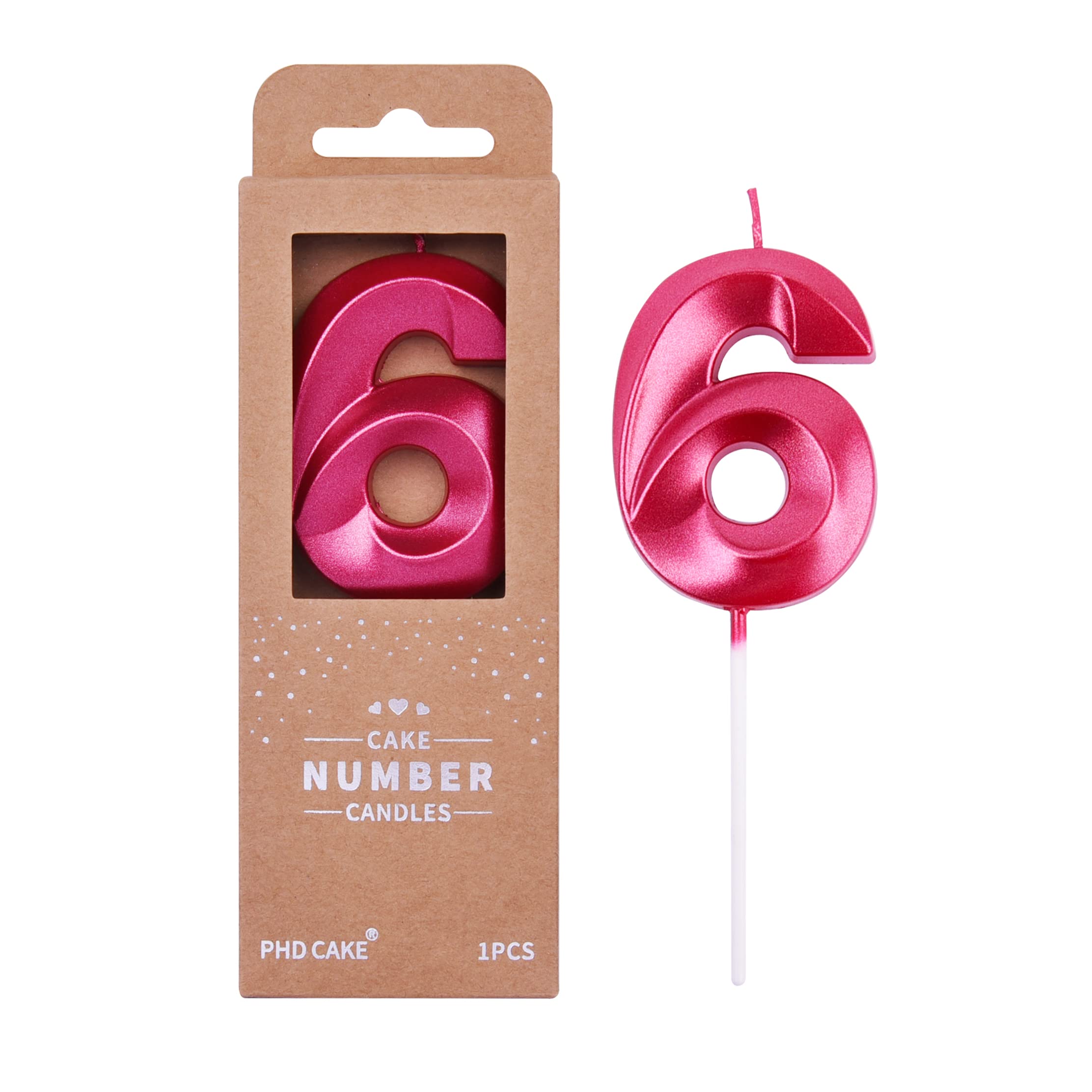 PHD CAKE 2.76 Inch Diamond Red Number 6 Birthday Candles - Premium Red Number Cake Candles for Birthday Party Decorations & Celebration (Perfect for Cakes, Cupcakes, and Dessert Toppings)