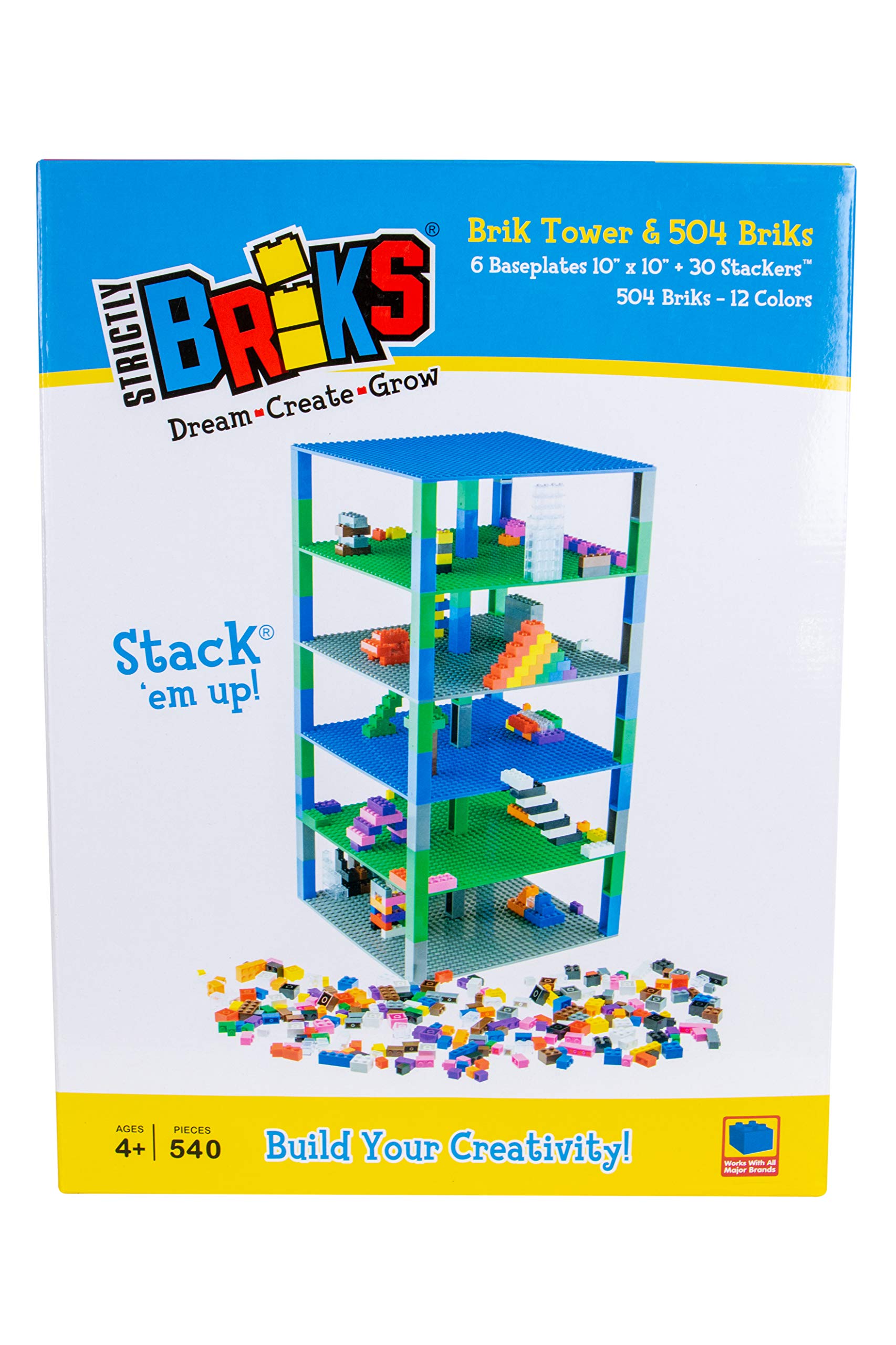 Strictly Briks Lego-Compatible Baseplates - 6 Pack 10”x10” Stackable Building Plates in Blue, Gray & Green + 504 Bricks & 30 Stackers in 12 Colors - Creative Construction Toy for Kids, STEM Learning & DIY Projects