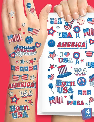 House of Party 4th of July Temporary Tattoos - 140 Patriotic Designs (American Flag, USA Symbols) | Red White Blue Party Supplies for Independence Day, Memorial Day, Labor Day | Perfect for Festivals, Parades & Patriotic Events