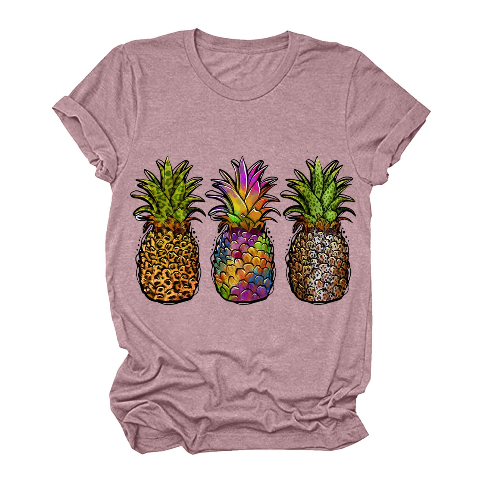 Women's Casual Pineapple Print Round Neck Short Sleeve T-Shirt - Summer Beach Tunic Top for Walking, Vacation & Outdoor Activities