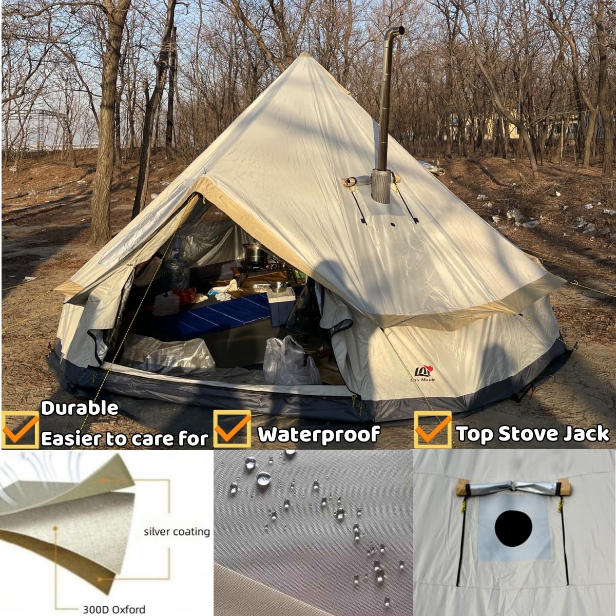 300D Oxford Waterproof Backpacking Bell Tent with Top Stove Jack - All Season Camping Yurt for Glamping, Outdoor Events & Parties (Off White, 13ft/16.4ft) - Perfect for Family Camping, Music Festivals & Wilderness Adventures