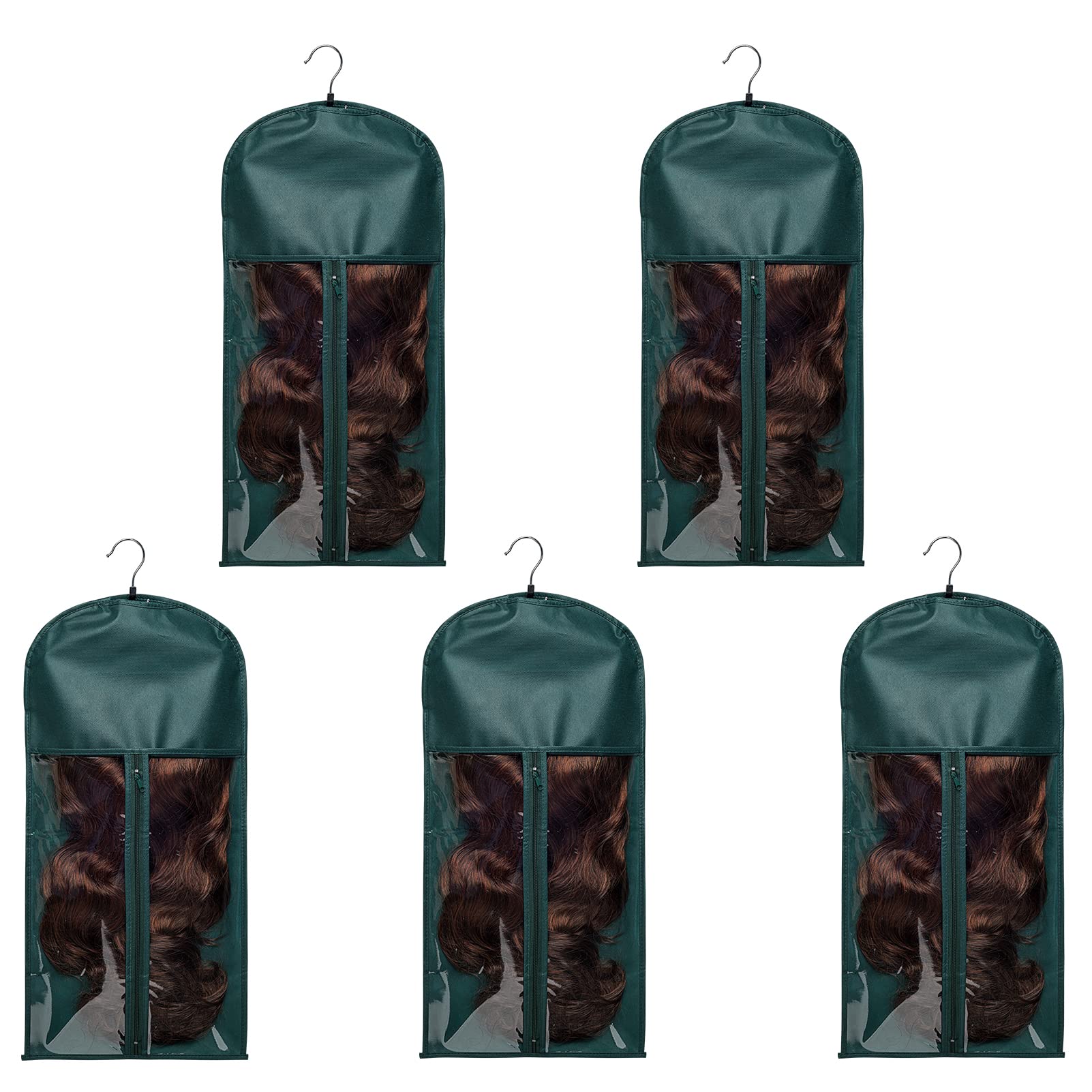 5-Piece Wig Storage Bag Set with Wooden Hangers - Professional Hair Extensions Organizer, Dust-Proof Wig Pouch Case (5 Green Bags + 5 Black Hangers) - Perfect for Salon, Home Wig Storage & Travel