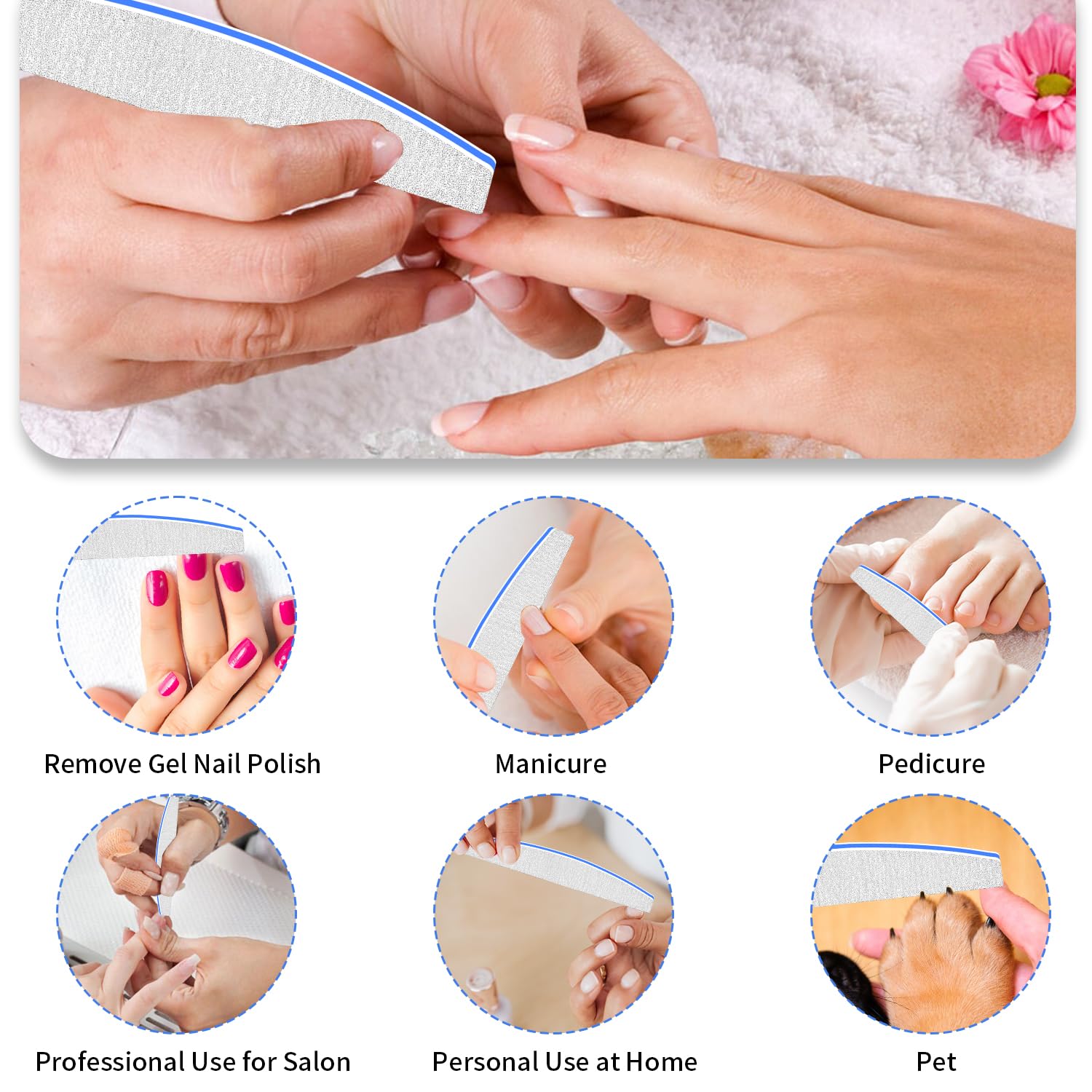 12-Pack Double Sided 100/100 Grit Emery Board Nail Files - Washable & Reusable for Acrylic & Natural Nails - Perfect for Nail Salons, Home Manicures & Professional Nail Care