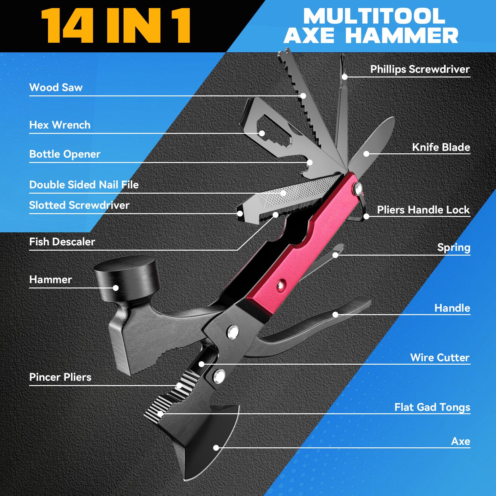 15-in-1 Multitool Axe for Camping, Hunting & Hiking - Perfect Gift for Men, Husband, Boyfriend or Dad - Birthday Gadget Ideas - Great for Outdoor Adventures, Survival Gear & DIY Projects