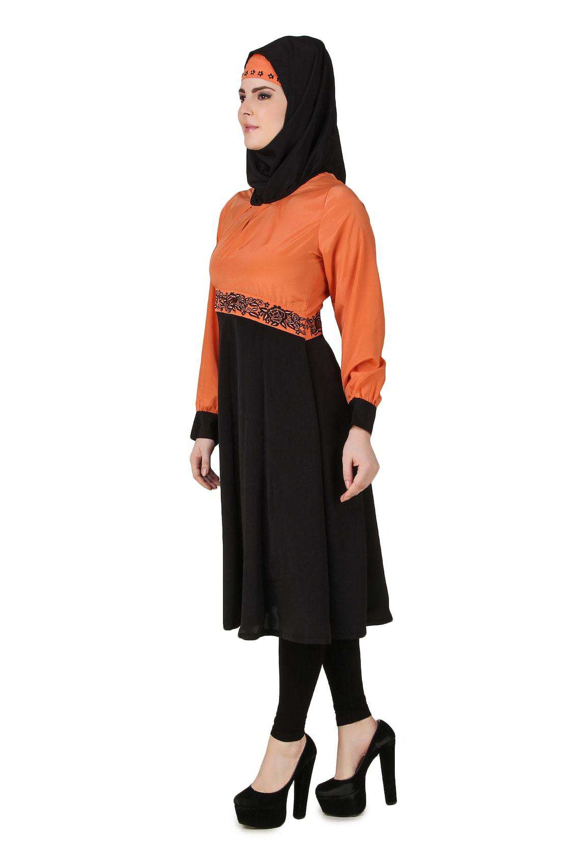 Barika Black & Orange Crepe Short Abaya - Modest Islamic Dress for Women | Perfect for Prayer, Eid, and Casual Wear