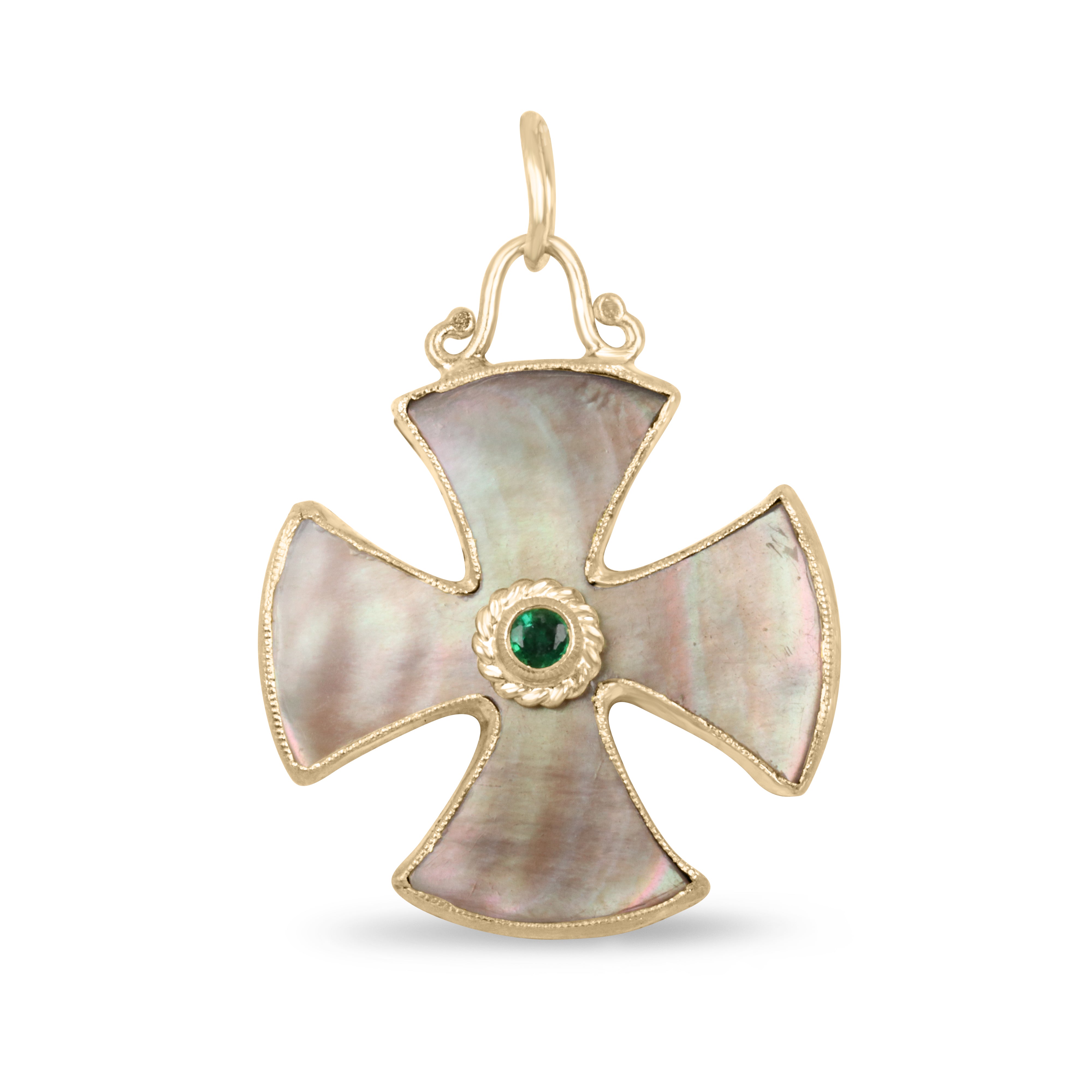 24K Gold Byzantine Cross with Mother of Pearl and Emerald - Maltese Style Religious Jewelry for Men & Women - Perfect for Church, Weddings, and Special Occasions