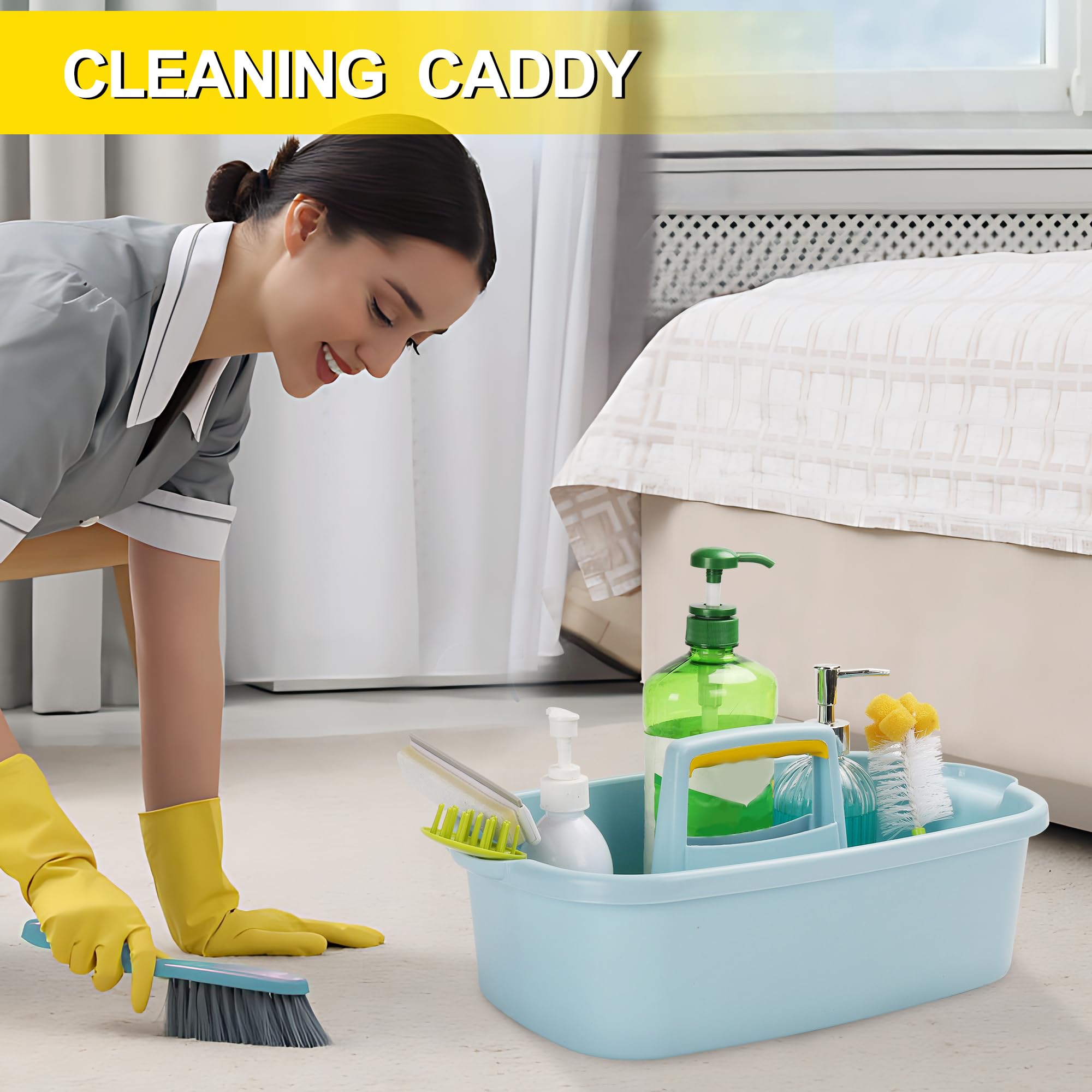 Plastic Cleaning Caddy Organizer with Handle - 2 Pack Storage Basket for Bathroom, Kitchen & Under Sink - Includes 2 Microfiber Cleaning Cloths (Blue) - Perfect for Home Cleaning Supplies Organization & Clutter-Free Storage