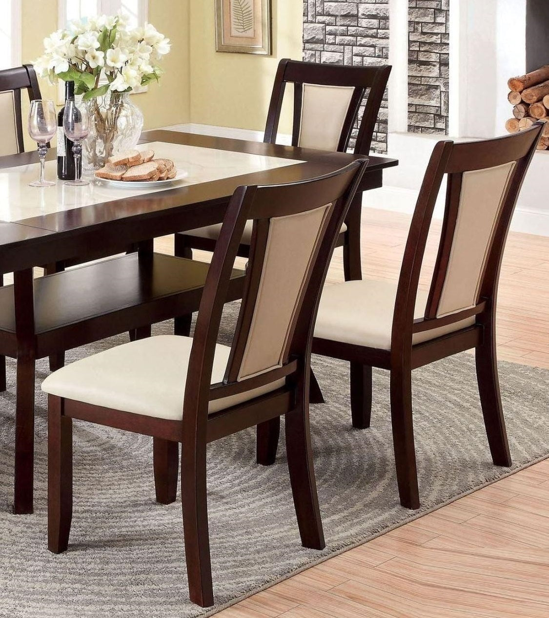 Modern Set of 2 Dark Cherry & Ivory Solid Wood Side Chairs with Padded Leatherette Upholstered Seats - Kitchen & Dining Room Furniture for Home Decor