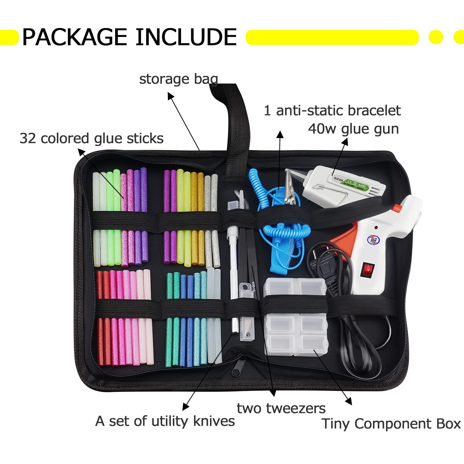 **16-Color Glue Gun Kit with 32 Glue Sticks, 5-Blade Carving Knife, Anti-Static Wristband & Pointed Tweezers - 40W Fast Heating for DIY Crafts, Home Repairs & School Projects**