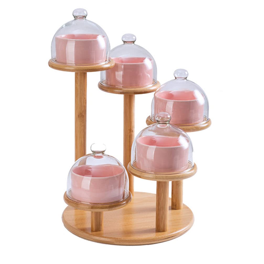 Cabilock Ceramic Cake Stand Set with Rotating Bamboo Base & Glass Dome Cover - Mini Dessert Plates for Cakes, Puddings, Cupcakes - Perfect for Birthday Parties, Tea Time, Wedding Dessert Tables (Pink)