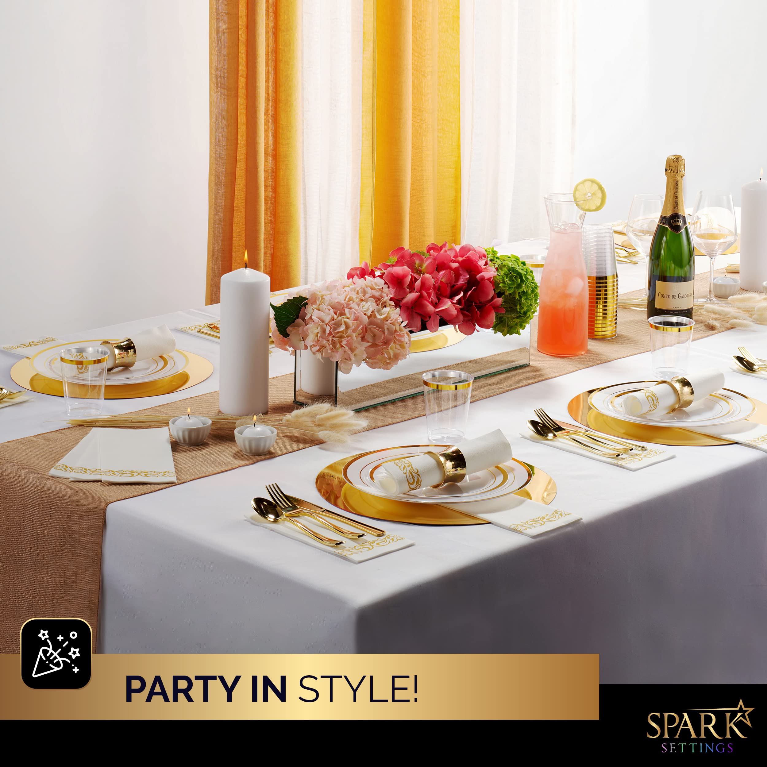Elegant Gold Plastic Cutlery Set - 50 Piece Disposable Silverware with Napkins, Forks, Knives & Spoons for Wedding, Party & Catering Events - Premium Wrapped Plastic Silverware by SparkSettings