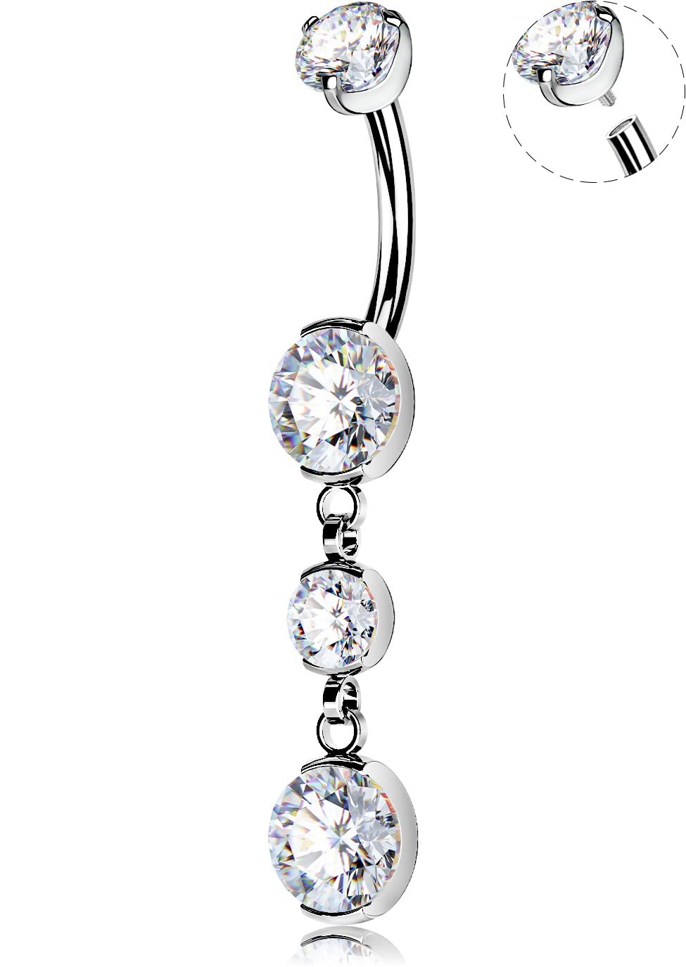 OUFER Titanium Belly Button Rings - 14G Internally Threaded Dangling Navel Piercing Jewelry with Clear CZ for Women & Men | Perfect for Everyday Wear, Parties and Body Piercing Fashion