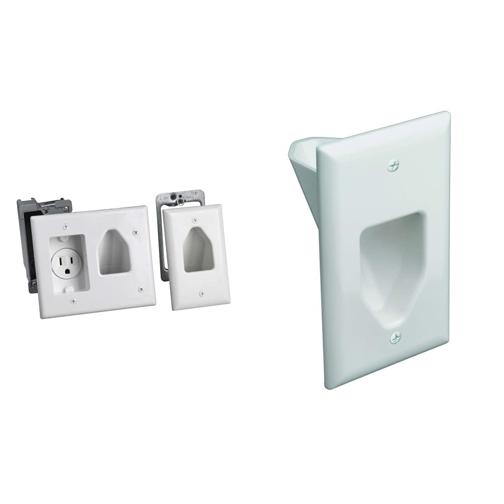 DATA COMM Electronics in Wall Cable Management Kit - 1-Gang Recessed Low Voltage Cable Plate for TV & Home Theater (White) - Organize Wires Behind Wall Mounted TV, Gaming Setup & Office Electronics