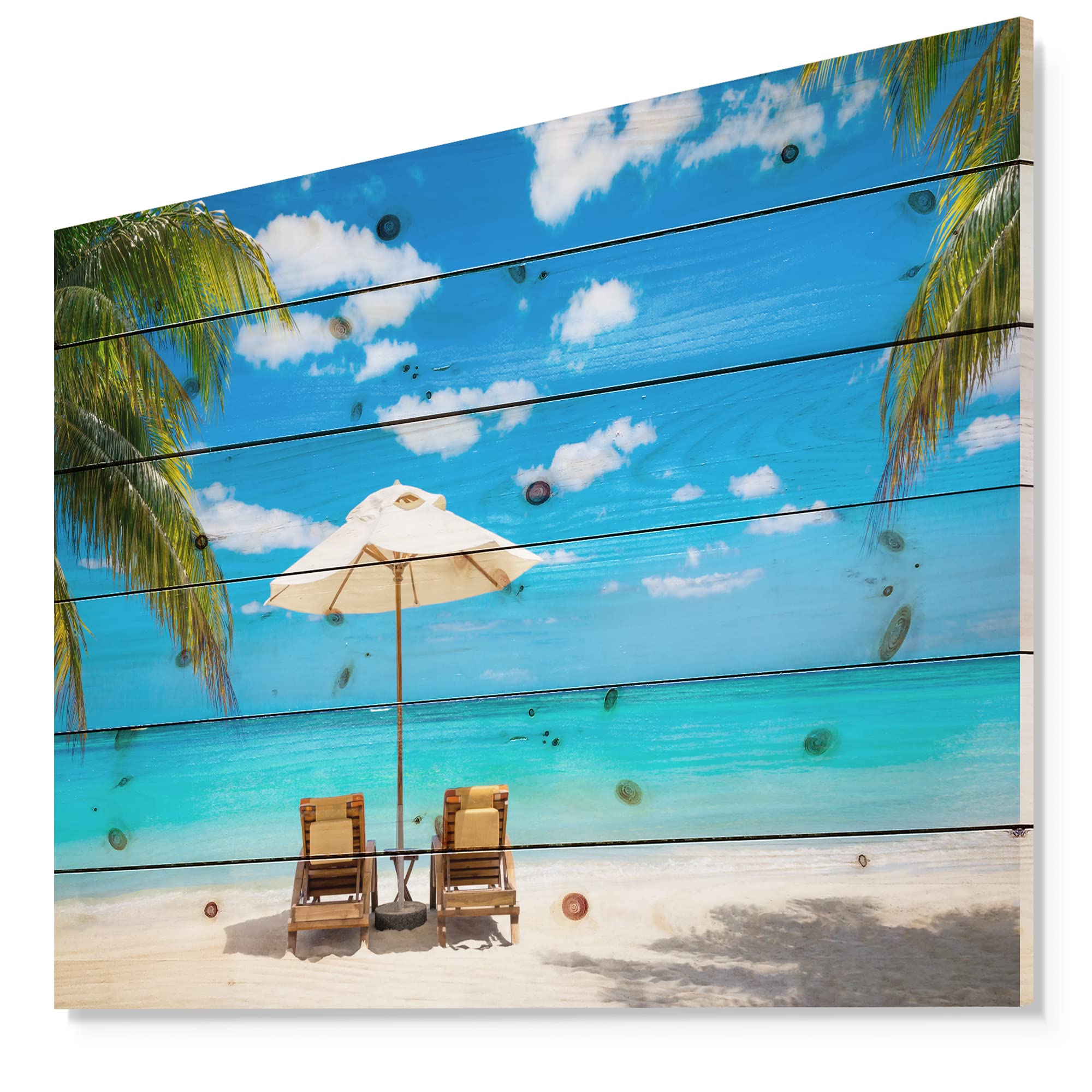 Turquoise Beach Wood Wall Art with Chairs - Coastal Nautical Decor, Large Blue Pine Wood Wall Panels for Living Room, Bedroom & Beach House Decor
