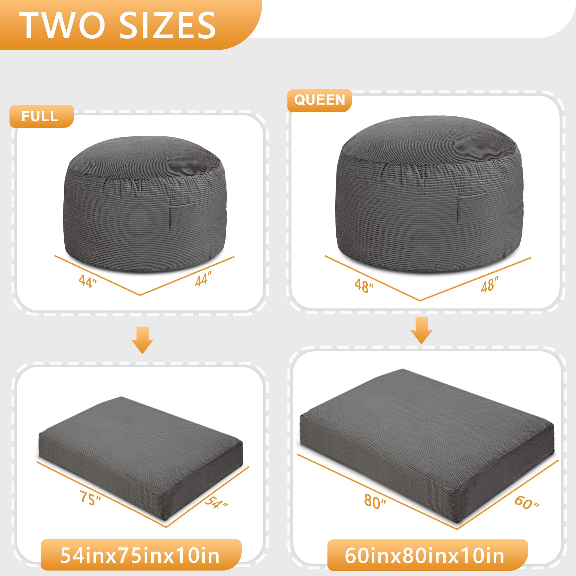 Ultra Soft HABUTWAY Giant Bean Bag Chair with Washable Corduroy Cover - Convertible from Chair to Mattress - Large Cordoroys Bean Bags for Adults, Couples & Family - Perfect for Living Rooms, Game Rooms & Dorm Lounges (Grey Full)