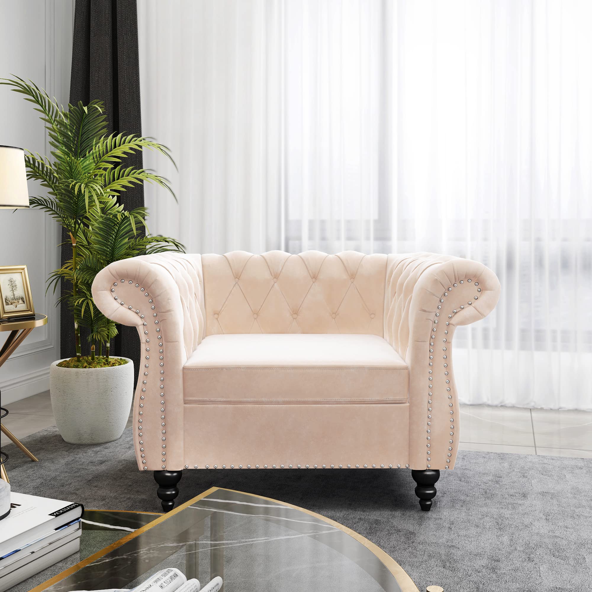 RARZOE Contemporary Velvet Chesterfield Chair - Tufted Button Accent Chair with Scrolled Arms & Nailhead Trim - Luxurious Velvet Upholstery for Living Room, Bedroom, Office - Perfect for Home Decor, Reading Nook & Cozy Sitting Area (Beige)