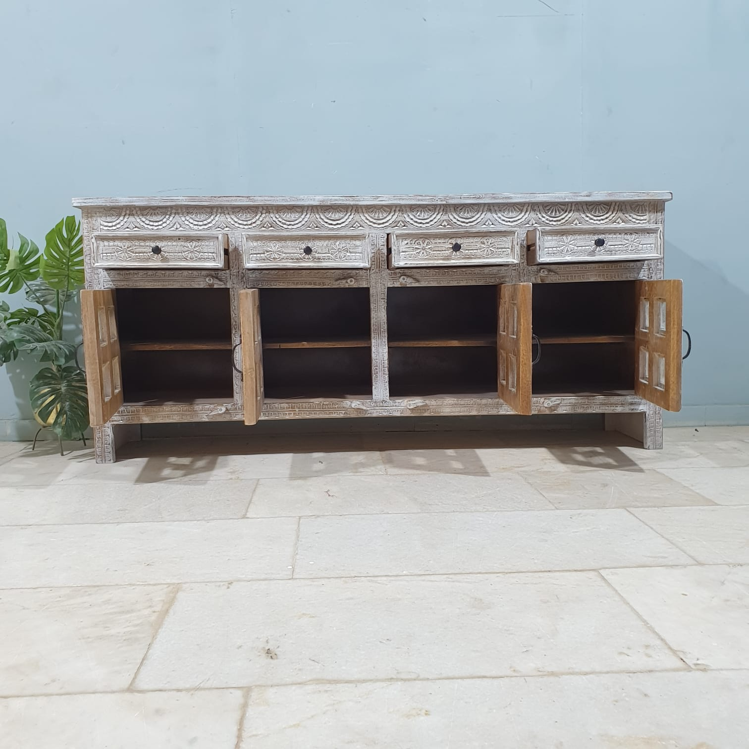Handmade Carved Indian Mango Wood Sideboard with 4 Drawers & 4 Doors - Whitewashed Finish | Perfect for Dining Room Storage & Farmhouse Decor