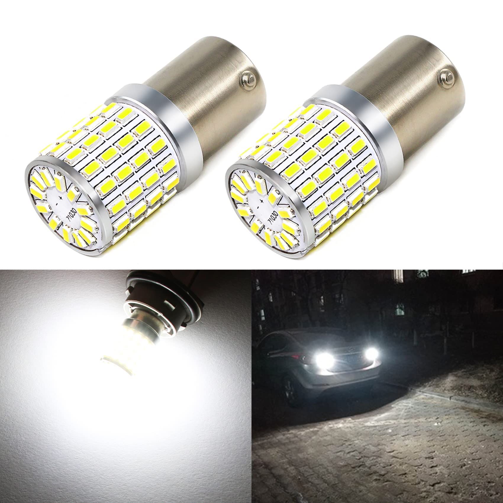 PHINLION 2000 Lumens 7506 1156 LED Reverse Light Bulbs - Super Bright 3014 72-SMD BA15S 1073 1141 LED Backup Bulb for Brake, Stop, Tail Lights - 6000K Xenon White (Pack of 2) - Perfect for Trucks, SUVs, and Cars in Low-Light Parking Scenes