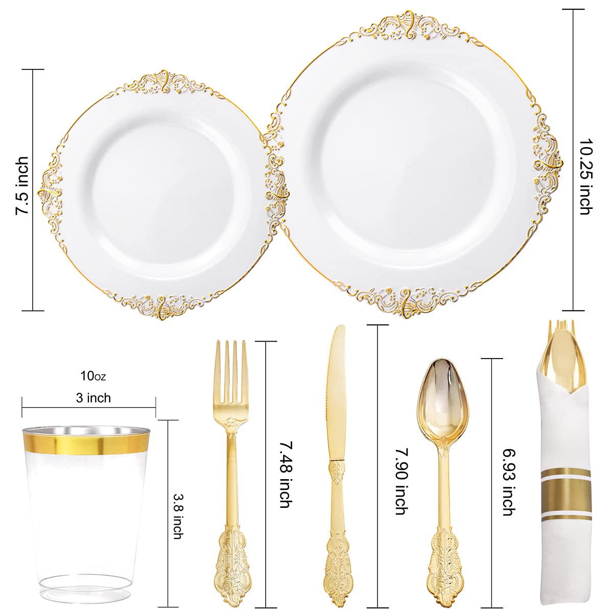 Premium 350-Piece Gold Disposable Dinnerware Set - 100 Elegant Plates, 150 Plastic Silverware, 50 Cups & 50 Napkins - Perfect for Weddings, Parties & Large Gatherings (50 Guests) - Ideal for Outdoor Events, Catering & Special Occasions