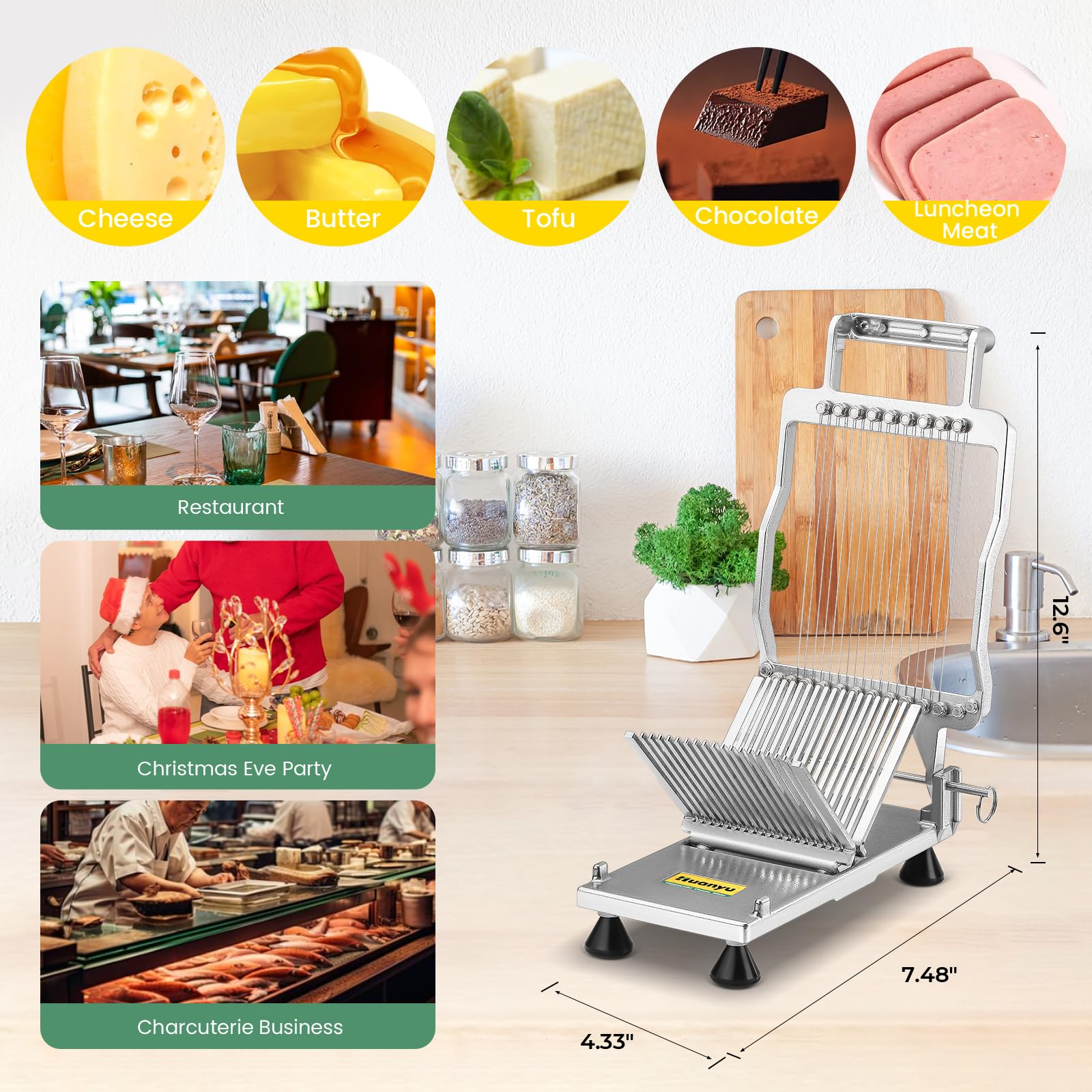 Huanyu Commercial Cheese Slicer with 316 Stainless Steel Wire & Aluminum Alloy Body - Removable 1/5 Inch Butter Cutting Blade for Block Cheeses - Perfect for Delis, Restaurants, and Home Kitchens