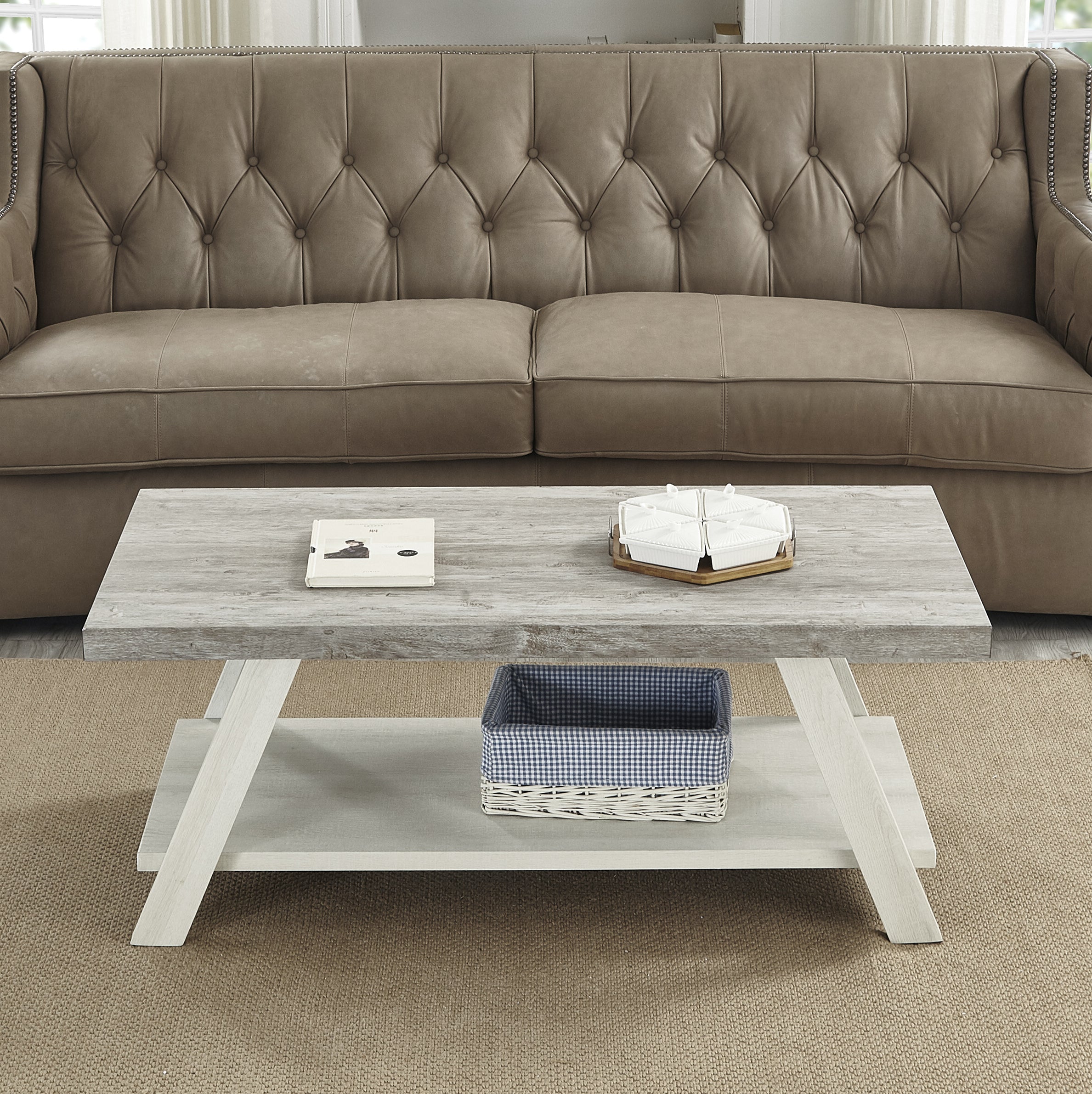 Roundhill Furniture Athens Contemporary Two-Tone Wood Shelf Coffee Table - Weathered Gray & Beige - Modern Living Room Accent Table for Home Decor