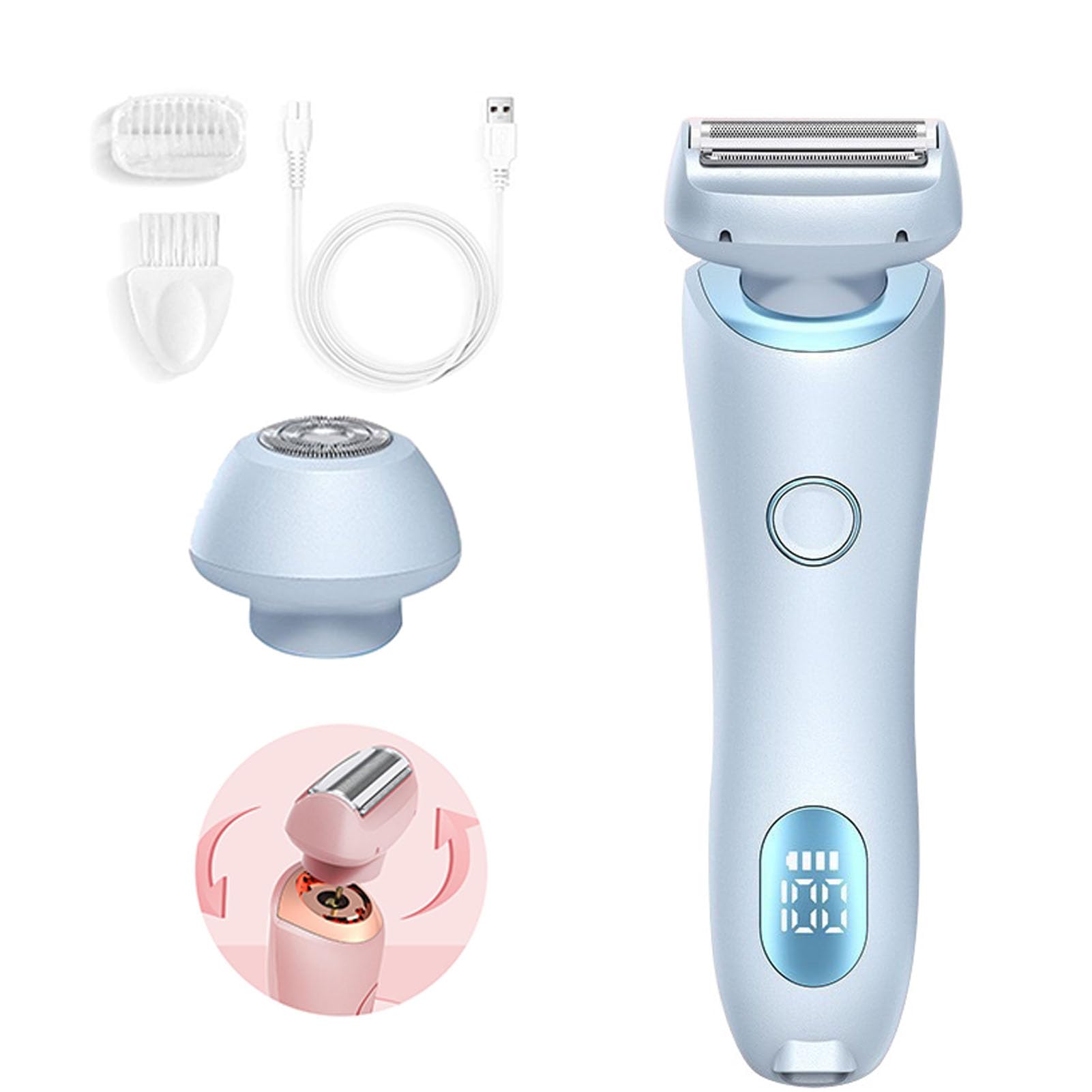 Premium Women's Electric Shaver - 2-in-1 Dual Head Wet/Dry Razor for Smooth Full Body Shaving | Rechargeable & Removable Head (Blue) | Perfect for Legs, Underarms & Bikini Line