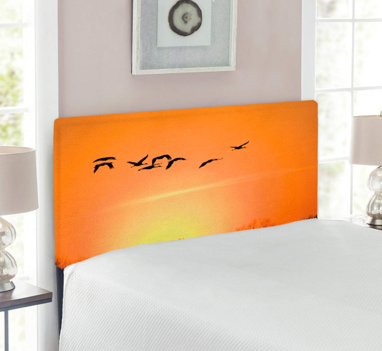 Ambesonne Birds Headboard - Twin Size Upholstered Decorative Metal Bed Frame with Memory Foam | Bird Migration Over Desert Autumn Sunset Print in Orange & Black | Perfect for Bedroom Decor, Guest Rooms & Seasonal Home Styling