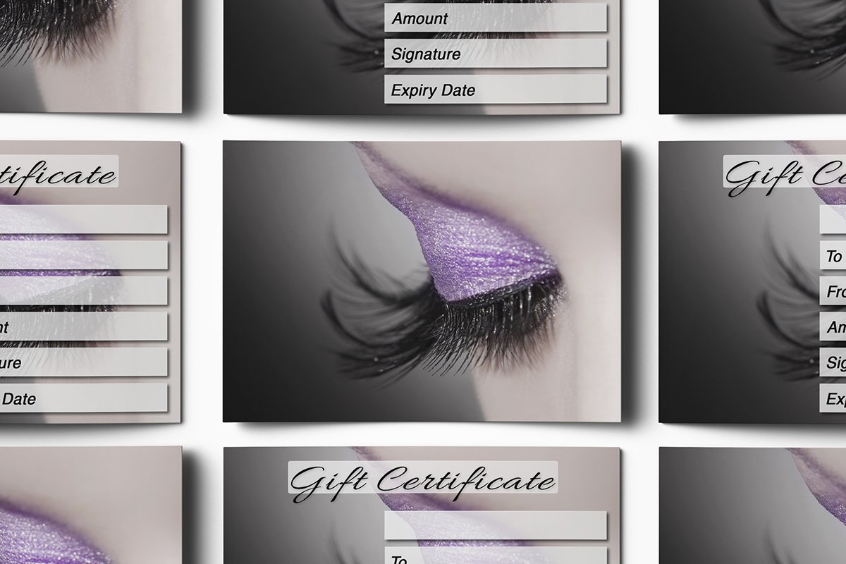Premium Eyelash Extension Gift Voucher - Lash Lift & Tinting Kit (A7 Size) with Free Envelopes - 10-Pack Purple Lashes - Perfect for Salons, Spas & DIY Beauty Gifts