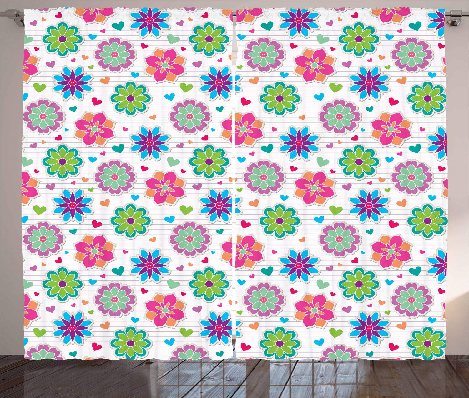 Ambesonne Retro Floral Curtains - Notebook Style Chamomile Flowers & Hearts Print, 108