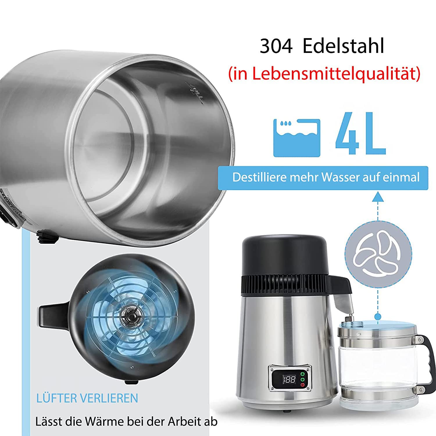 4L Home Pure Water Distiller - 750W Stainless Steel Water Purifier with Glass Container for Clean Drinking Water | Perfect for Home, Office, and Emergency Preparedness
