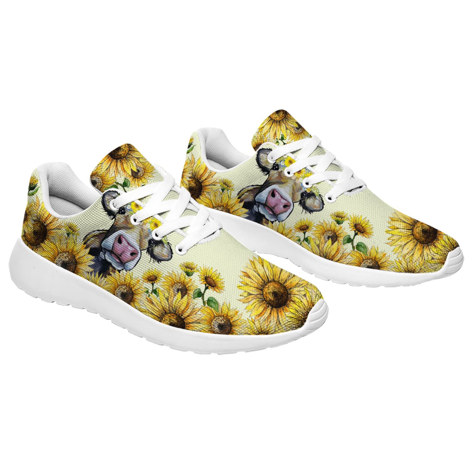 Women's Cow Print Sneakers - Yellow Sunflower Floral Running Shoes for Women & Girls - Comfortable Walking Tennis Shoes - Perfect Gift for Friends - US Size 10 Women/8.5 Men - Ideal for Casual Wear, Jogging & Outdoor Activities
