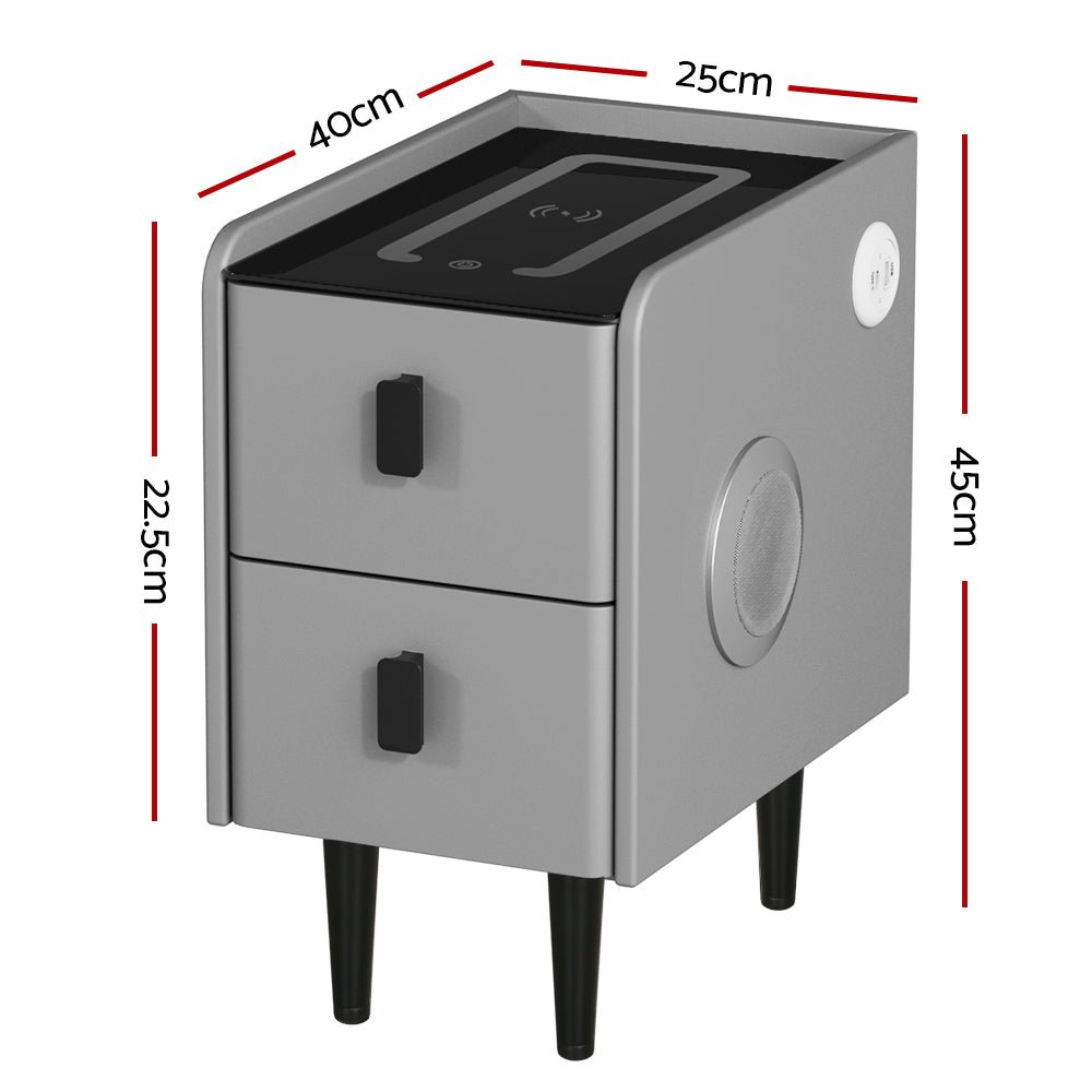 Compact Smart Bedside Table with Wireless Charging, LED Night Light & Bluetooth Speaker - Modern Grey Nightstand for Bedroom, Office, or Dorm Room - Perfect for Charging Devices, Ambient Lighting & Music Playback