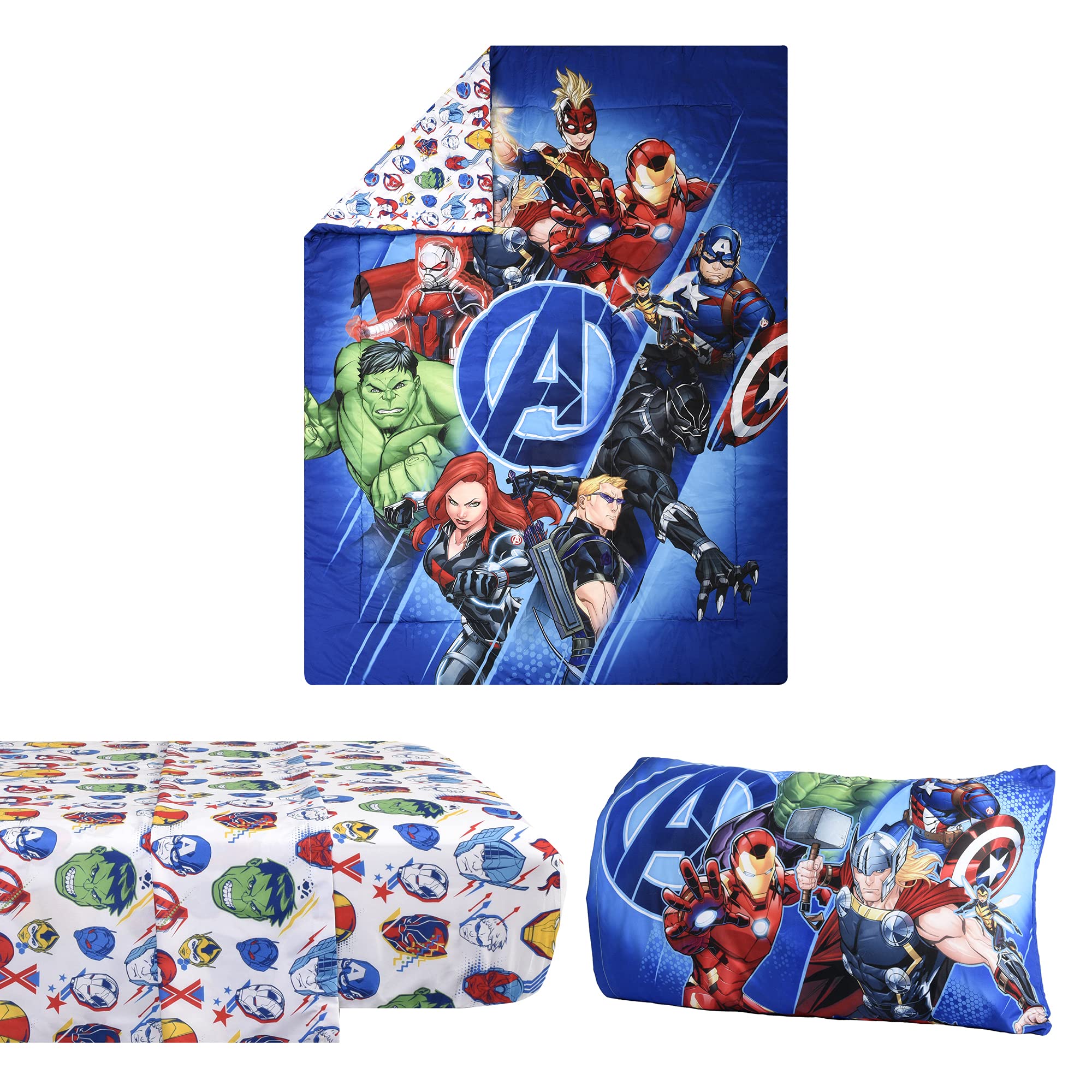 Marvel Avengers Kids Bedding Set - Reversible Comforter & 4-Piece Sheet Set for Single Bed | Soft Superhero Themed Bedroom Decor | Perfect for Boys' Rooms, Sleepovers & Kids' Bedrooms (51811-Avengers-4pcs)