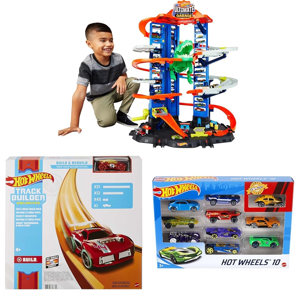 Hot Wheels Ultimate Garage with Moving Dinosaur - 100+ 1:64 Scale Vehicle Storage (Amazon Exclusive) + Mega Track Pack (40-ft of Track) + 10 Toy Cars Set - Perfect for Kids Playroom, Birthday Gifts & Race Track Adventures