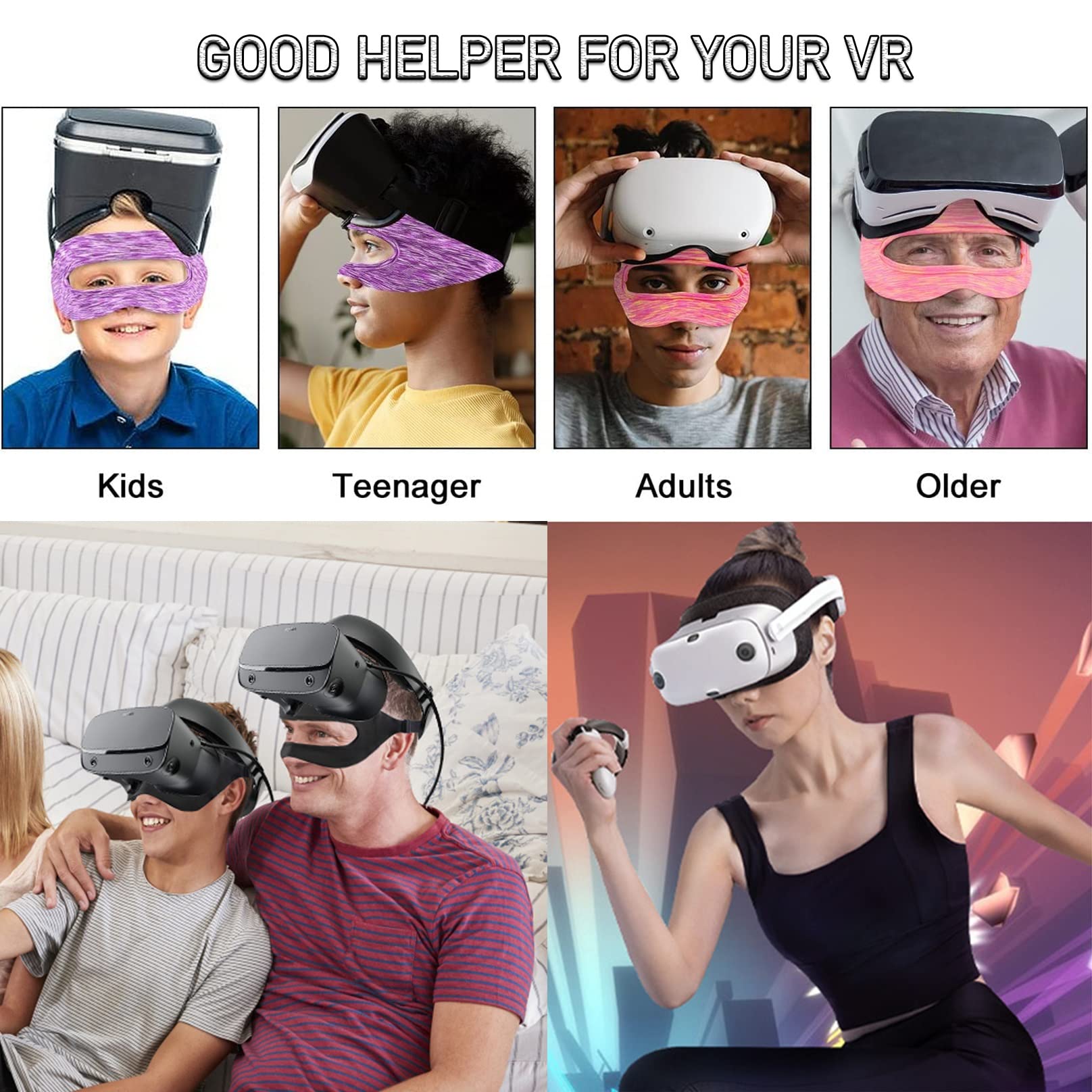 BiiKoon Adjustable Breathable VR Eye Mask & Sweat Band Face Cover for Virtual Reality Headsets - Comfortable for Adults & Kids (3-Piece Set, Pink) - Perfect for Gaming, Meditation & Travel Accessories