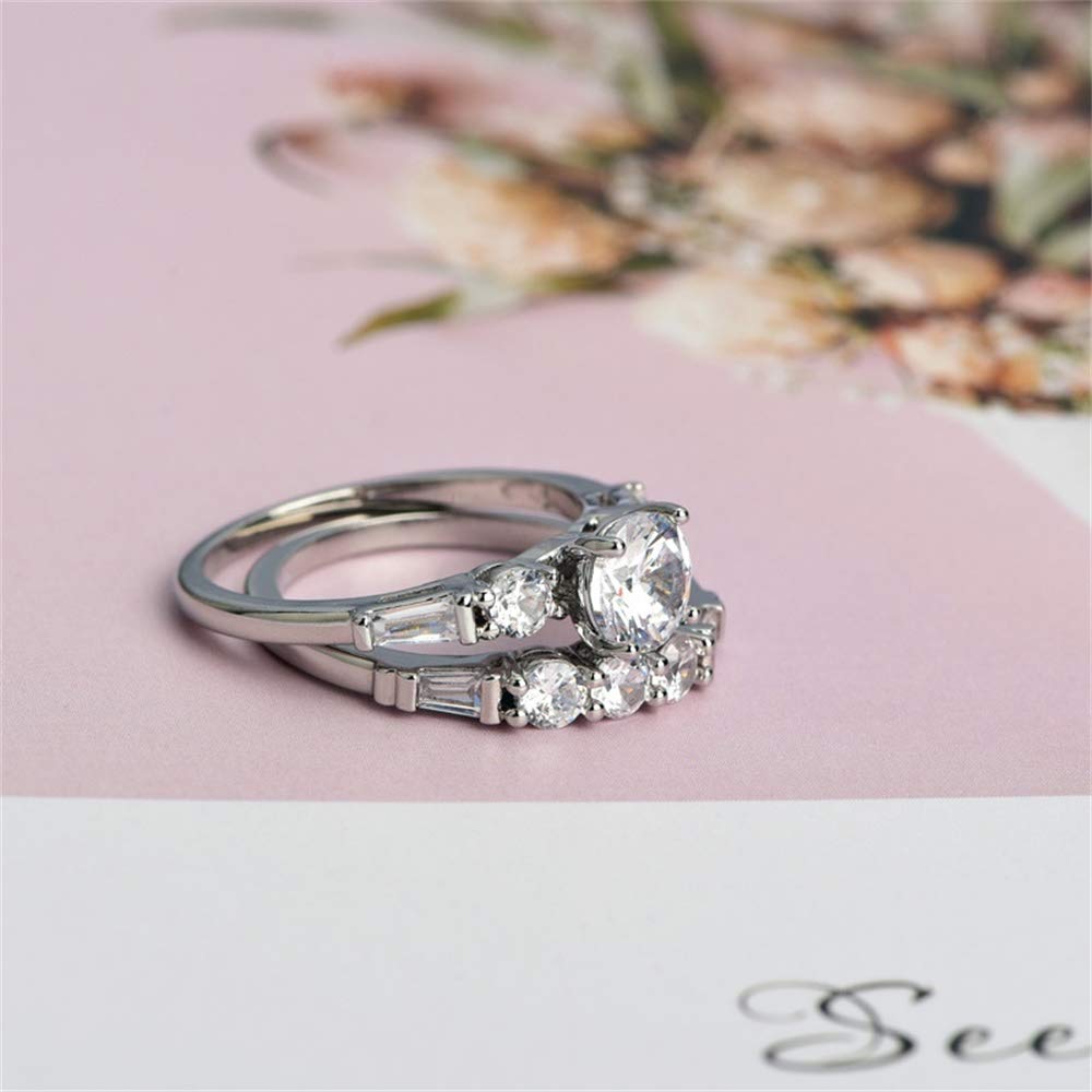 925 Sterling Silver Cubic Zirconia Ring Set - 2PC Shiny CZ Three Stone Eternity Band for Women | Wedding, Engagement, Anniversary Gift Jewelry | Perfect for Bridal Party, Date Night & Special Occasions