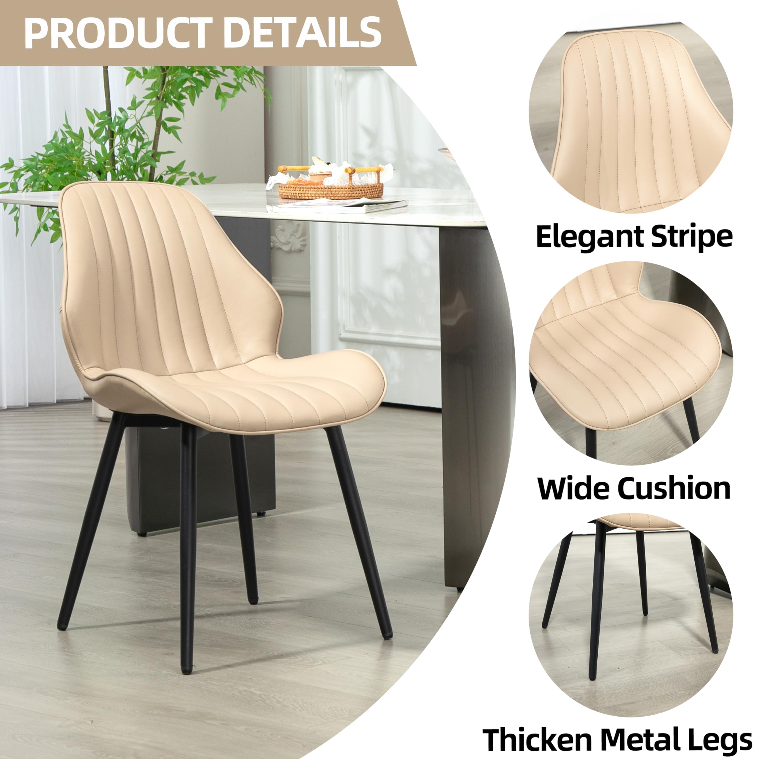 Finnhomy Mid-Century Modern Dining Chairs Set of 2 - Faux Leather Upholstered Armless Accent Chairs with Backrest & Metal Legs - Khaki Living Room & Dining Room Seating for Home Decor