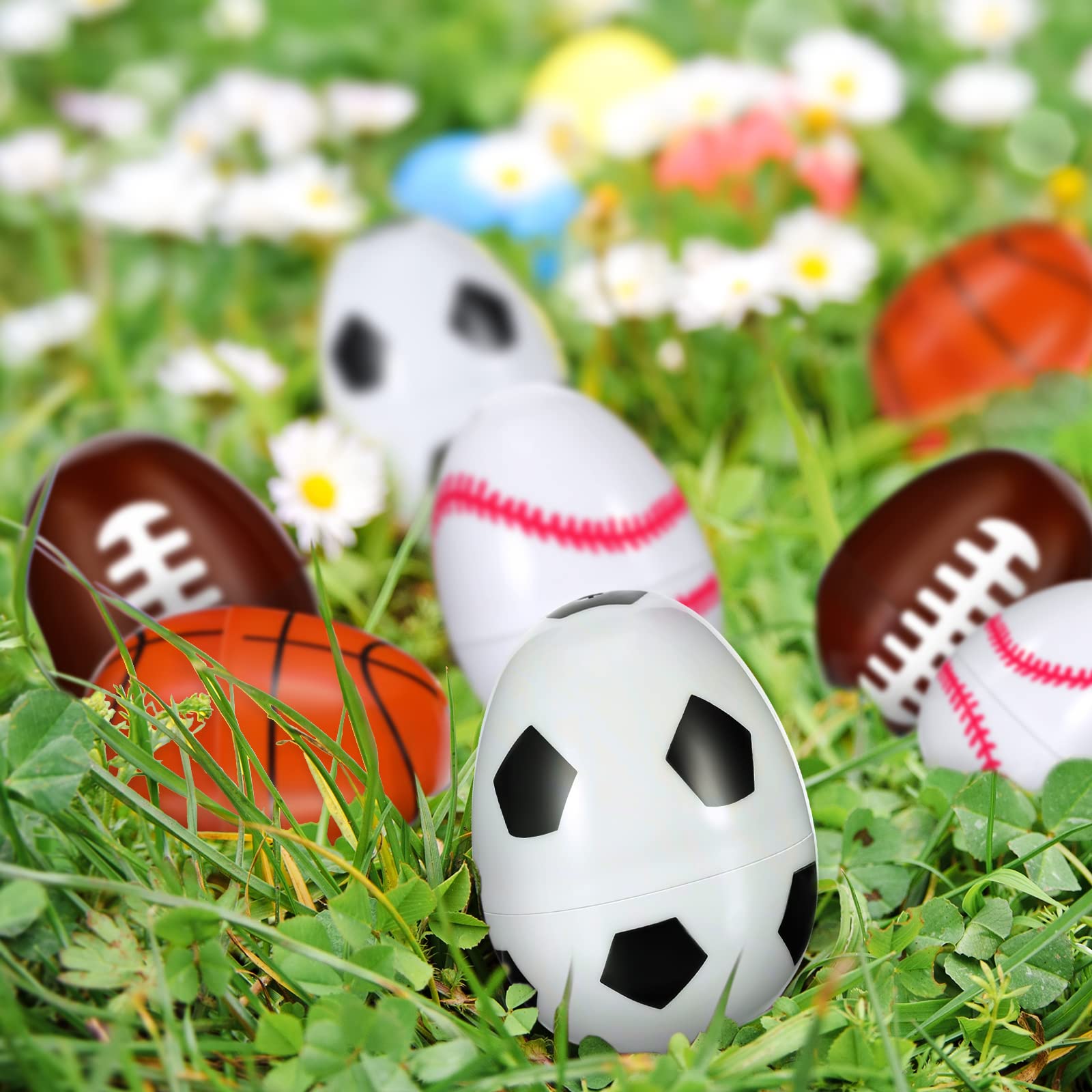 Assorted Plastic Sports Easter Eggs - Empty Soccer, Football, Baseball & Basketball Shaped Eggs for Easter Egg Hunt, Candy Stuffers - Perfect for Kids' Easter Parties & Outdoor Sports-Themed Events