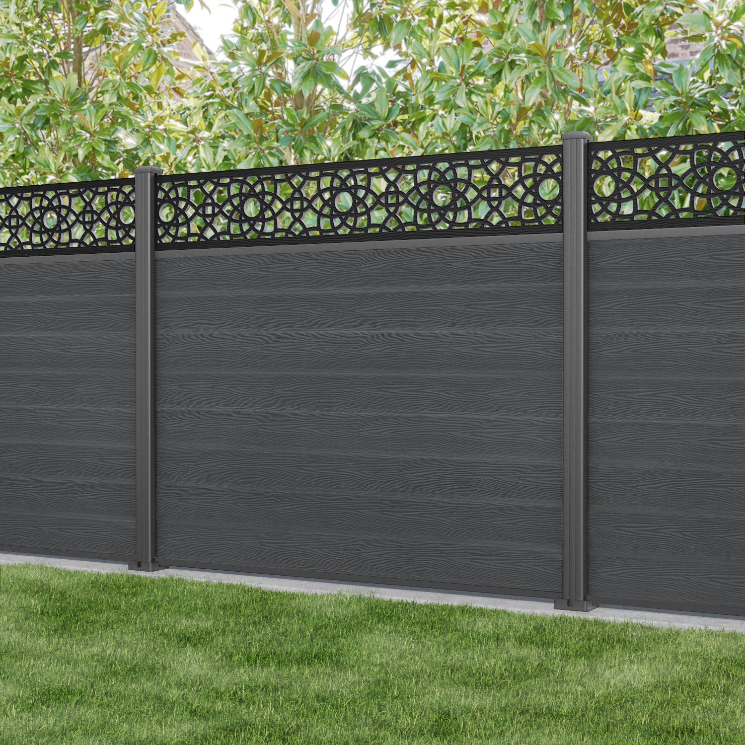 Classic Amber Fence Panel - Dark Grey Aluminum Privacy Fence with Sturdy Posts | Outdoor Garden, Backyard, and Patio Fencing Solution