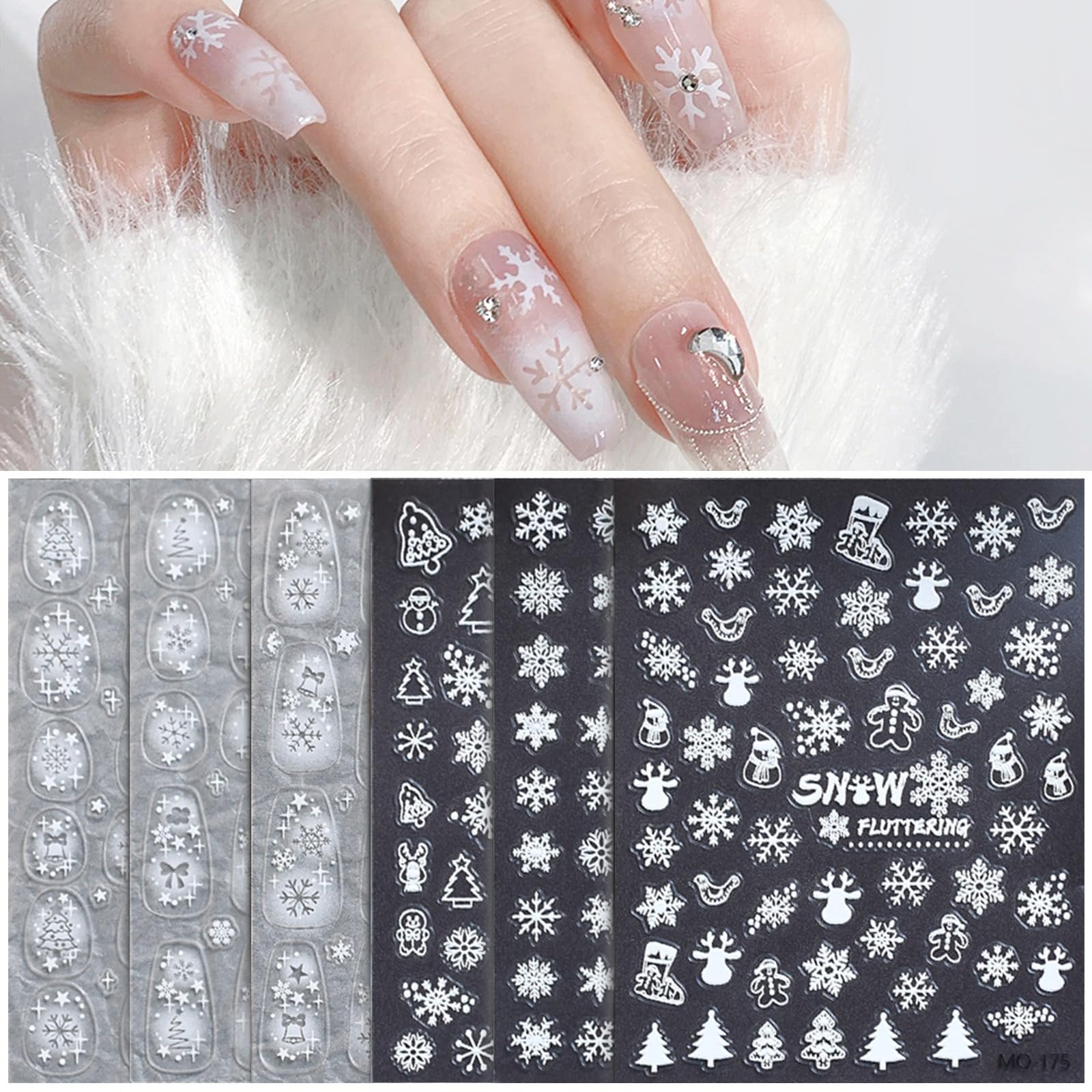 6 Sheets 3D Christmas Snowflake Nail Stickers - Winter White Self-Adhesive Nail Decals for Women (Santa & Elk Designs) | DIY Nail Art Supplies for Holiday Parties, New Year Celebrations & Winter Nail Decorations