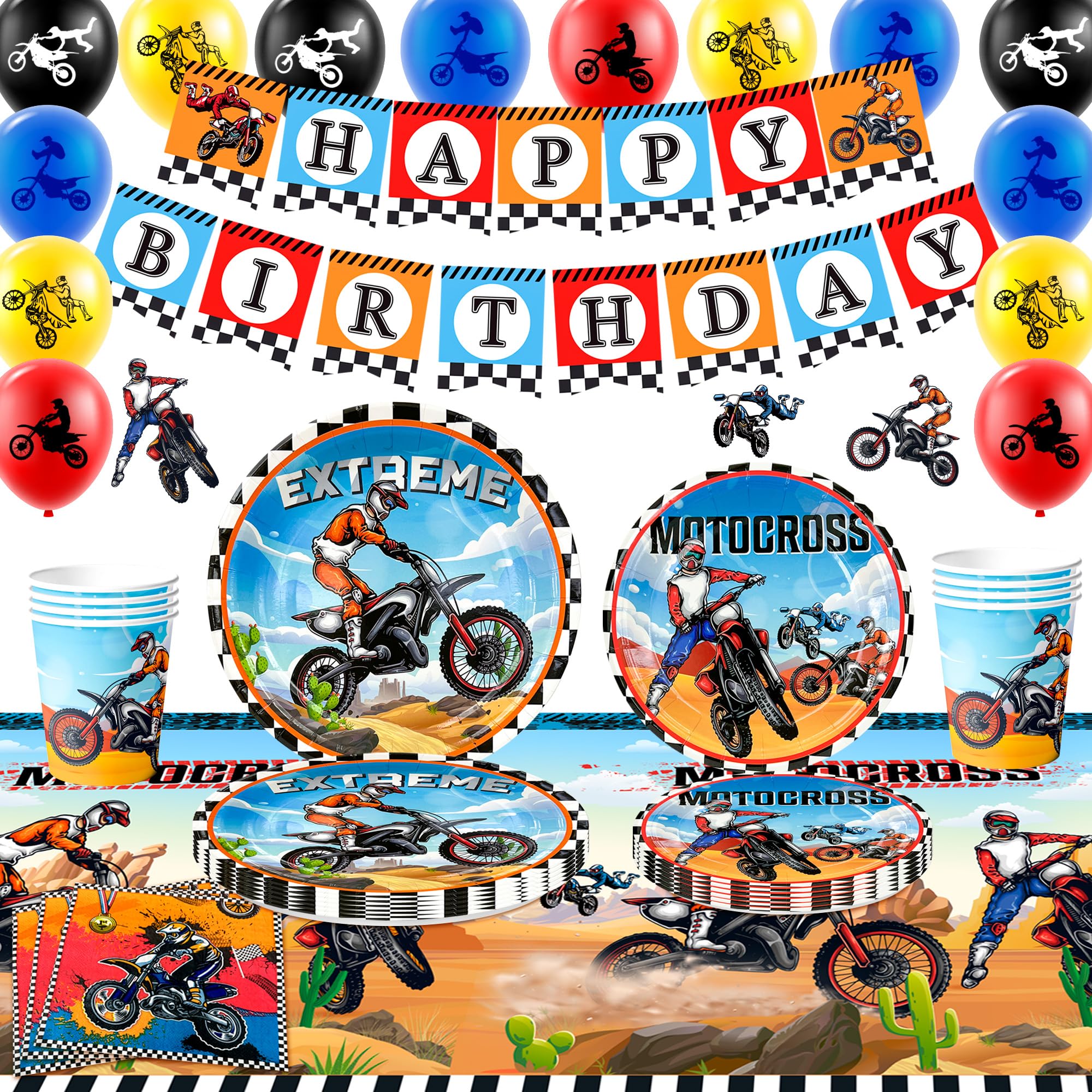 Motorcycle Party Supplies Set for 10 Guests - Plates, Cups, Balloons for Motocross Theme Birthday Decorations