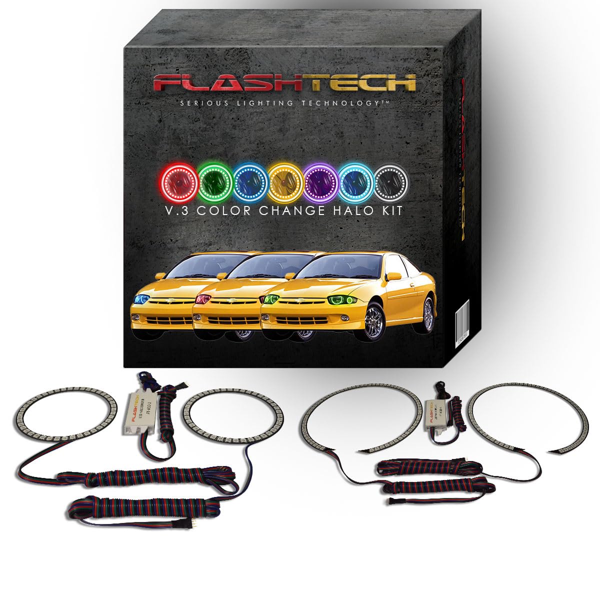 Flashtech V.3 Fusion RGB Color Changing LED Halo Ring Headlight Kit for 2003-2005 Chevrolet Cavalier - Customizable Multi-Color Lighting for Car Enthusiasts & Night Driving