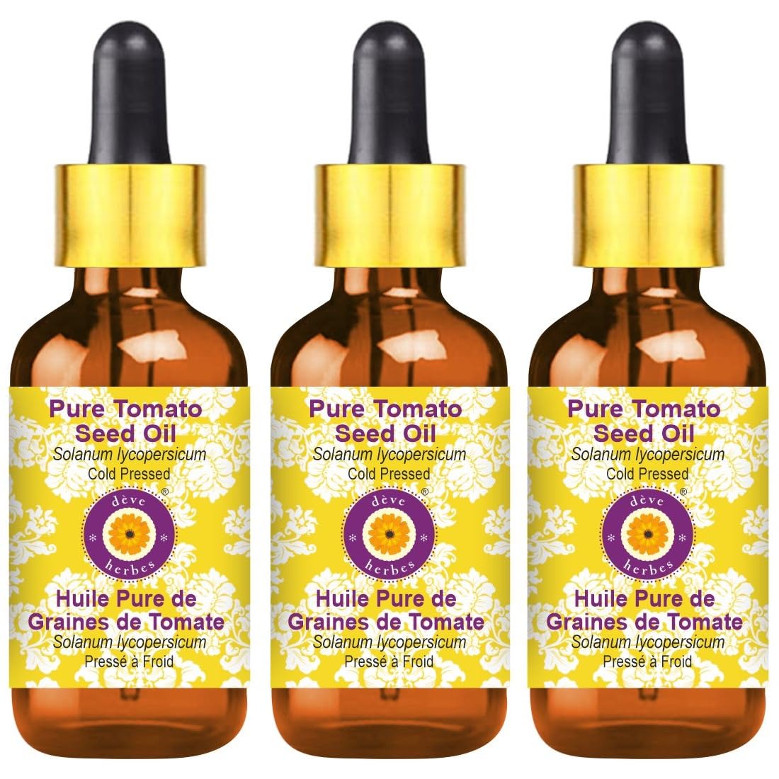 **Pure Cold-Pressed Tomato Seed Oil (Solanum lycopersicum) - 100ml (10 oz) with Glass Dropper - Pack of 3 - For Skin Care, Hair Growth & Aromatherapy**